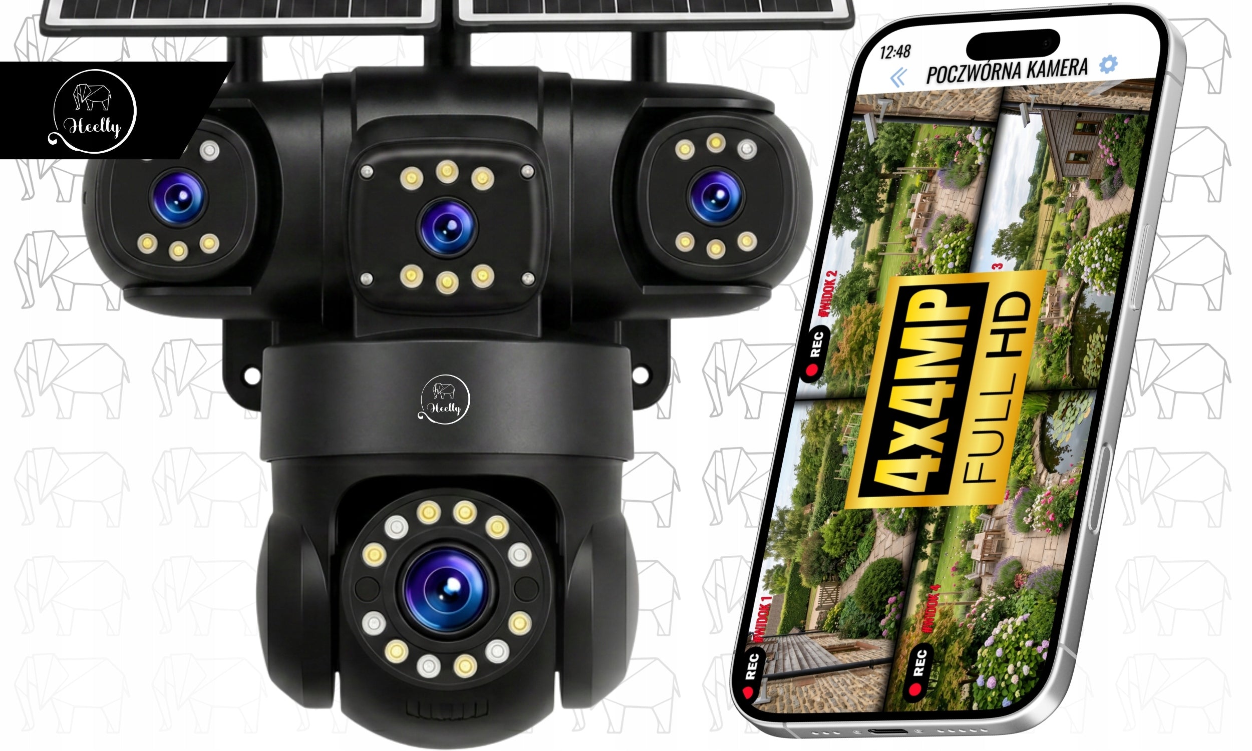 SOLAR CAMERA 4G OUTDOOR FOUR HD LENSES 4X4MP AOV SIM LTE HEELLY Model KAMERA SOLARNA 4W1 ZEWNĘTRZNA ALARM ANTENA