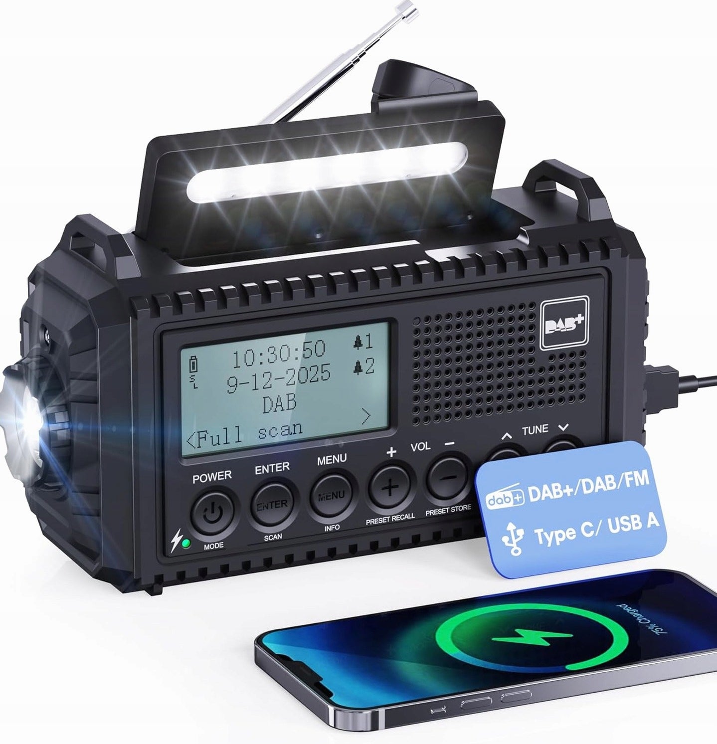 SOLAR CRANK EMERGENCY RADIO + USB FLASHLIGHT ALARM WATERPROOF
