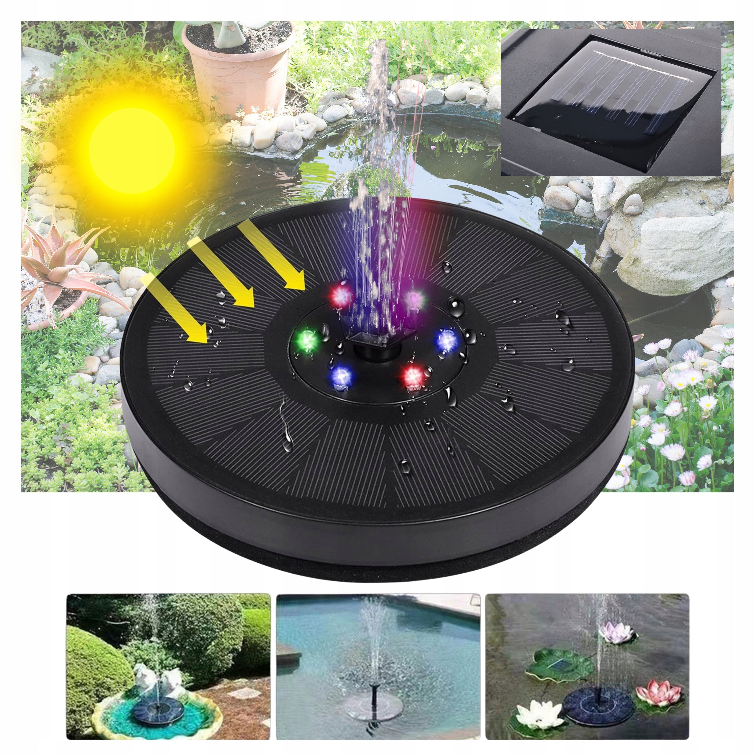 SOLAR FOUNTAIN GARDEN MINI WITH LED LIGHTING POND GARDEN POOL 18 CM