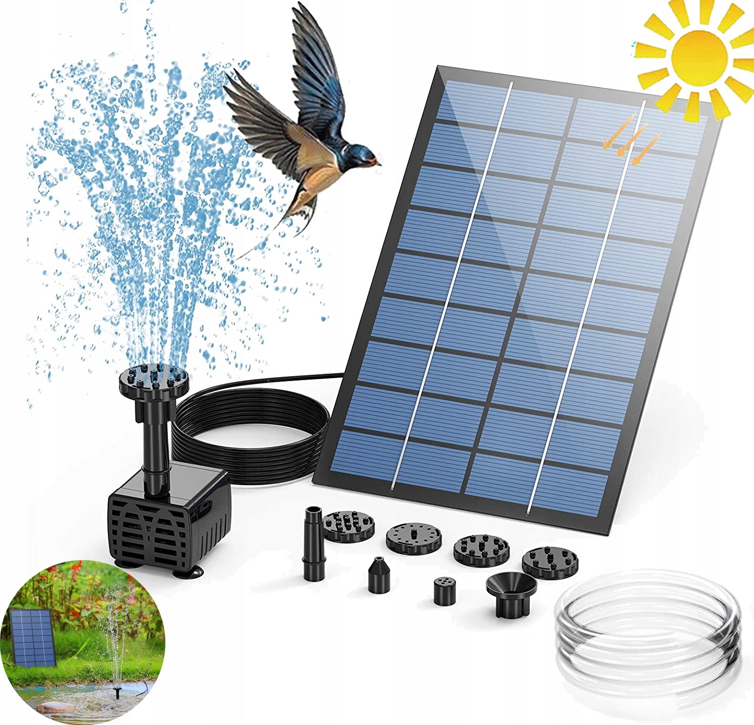 SOLAR FOUNTAIN PUMP SET OF 8 NOZZLES 190L/H FOR POND