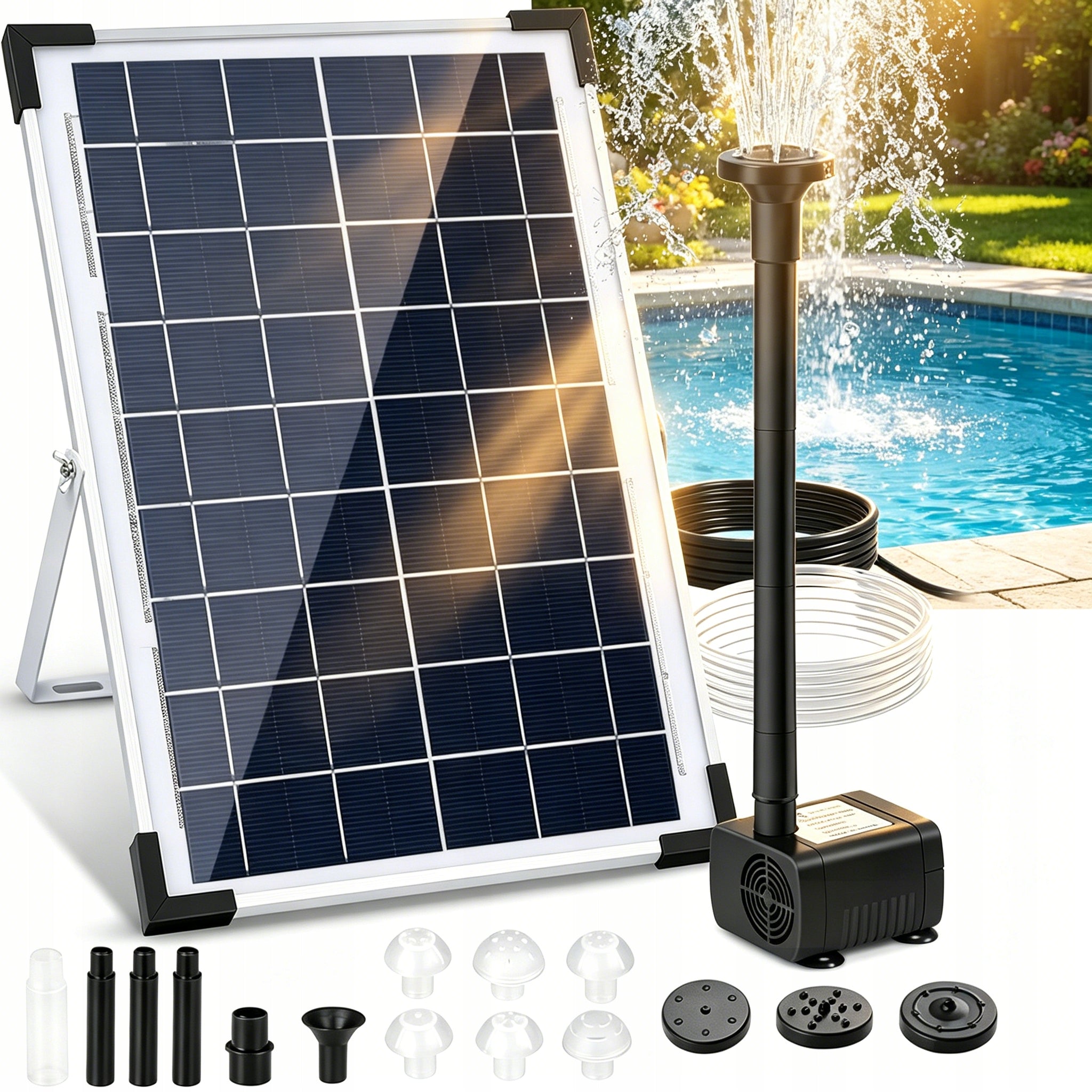 SOLAR GARDEN FOUNTAIN 5W PUMP 150L/h 9 NOZZLES Pond Filter FOR POND