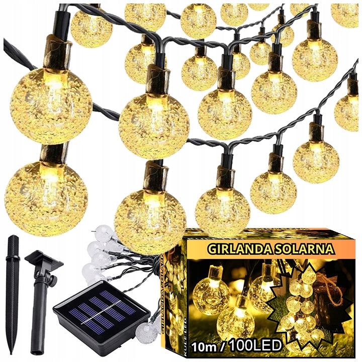 SOLAR GARDEN GARLAND X100 BALLS 10M LED LIGHTS WHITE WARM SET IP65