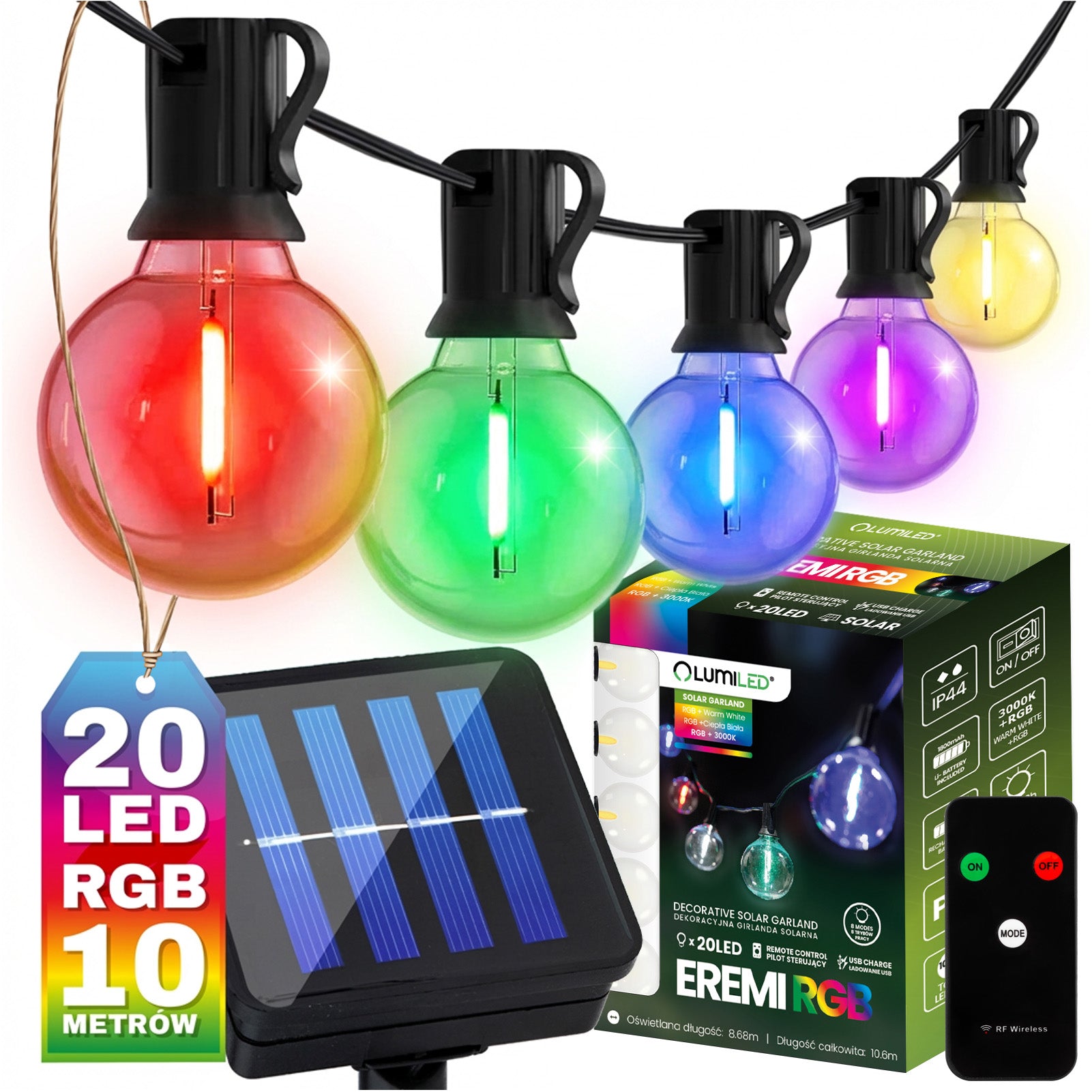 SOLAR GARLAND GARDEN LIGHT 20 LED 10m WARM COLORFUL RGB BULBS