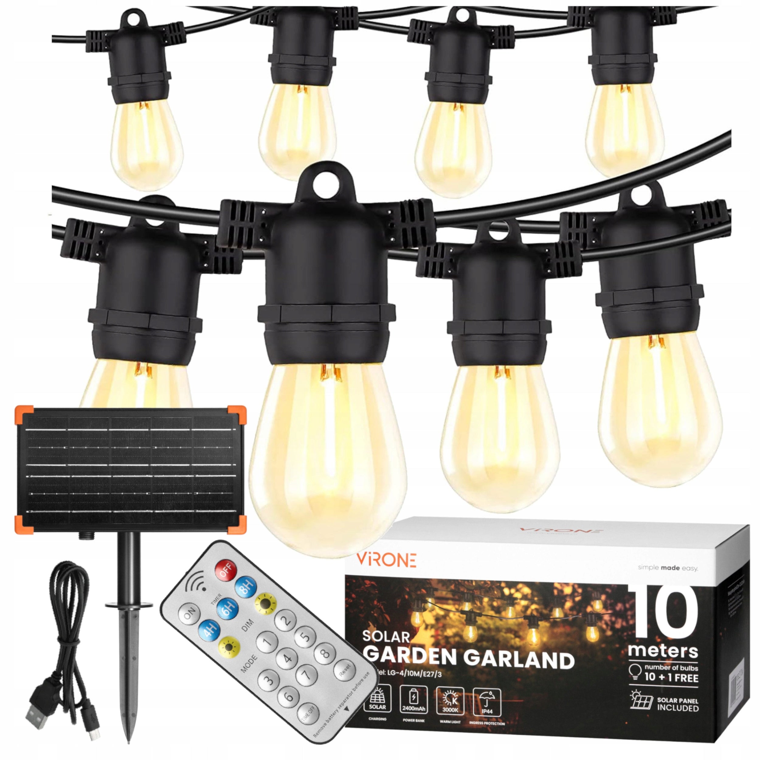 SOLAR GARLAND GARDEN SOLAR LIGHTS 10M 11x LED BULB E27 + REMOTE CONTROL