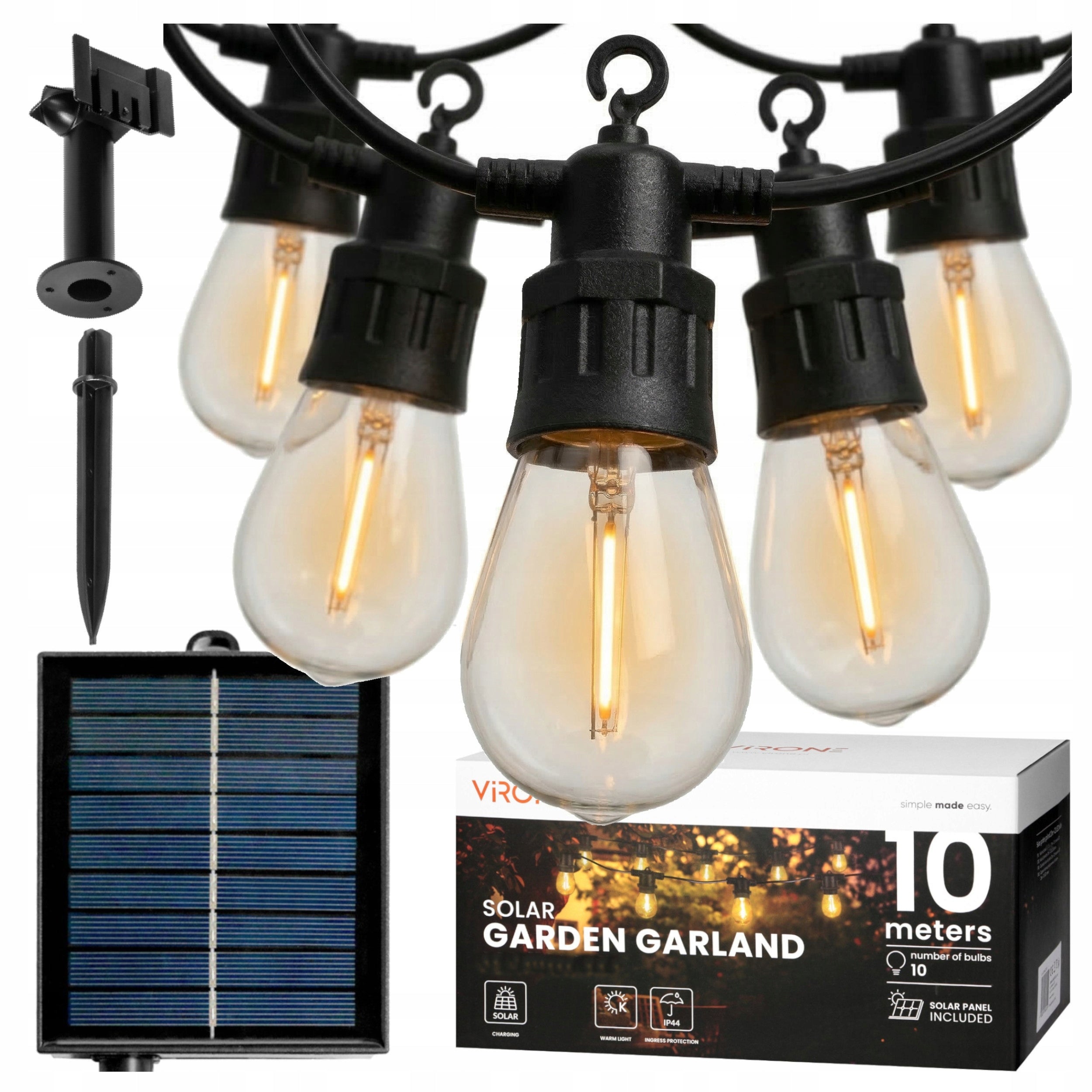 SOLAR GARLAND GARDEN SOLAR LIGHTS 10m + 10x BULB E27 LED FILAMENT