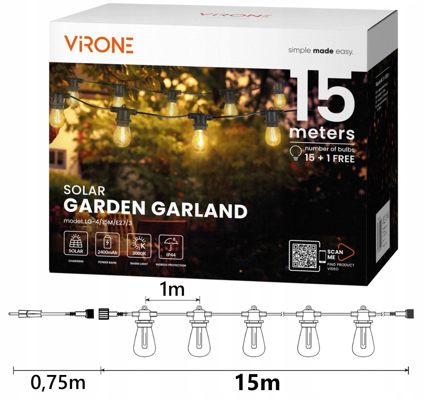 SOLAR GARLAND GARDEN SOLAR LIGHTS 15M 16x LED BULB E27 + REMOTE CONTROL Packaging status original