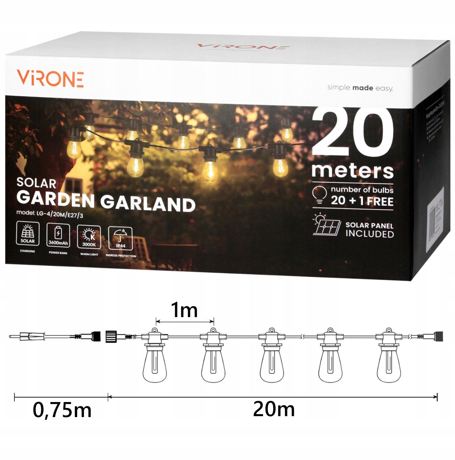 SOLAR GARLAND GARDEN SOLAR LIGHTS 20M 21x LED BULB E27 + REMOTE CONTROL Packaging status original