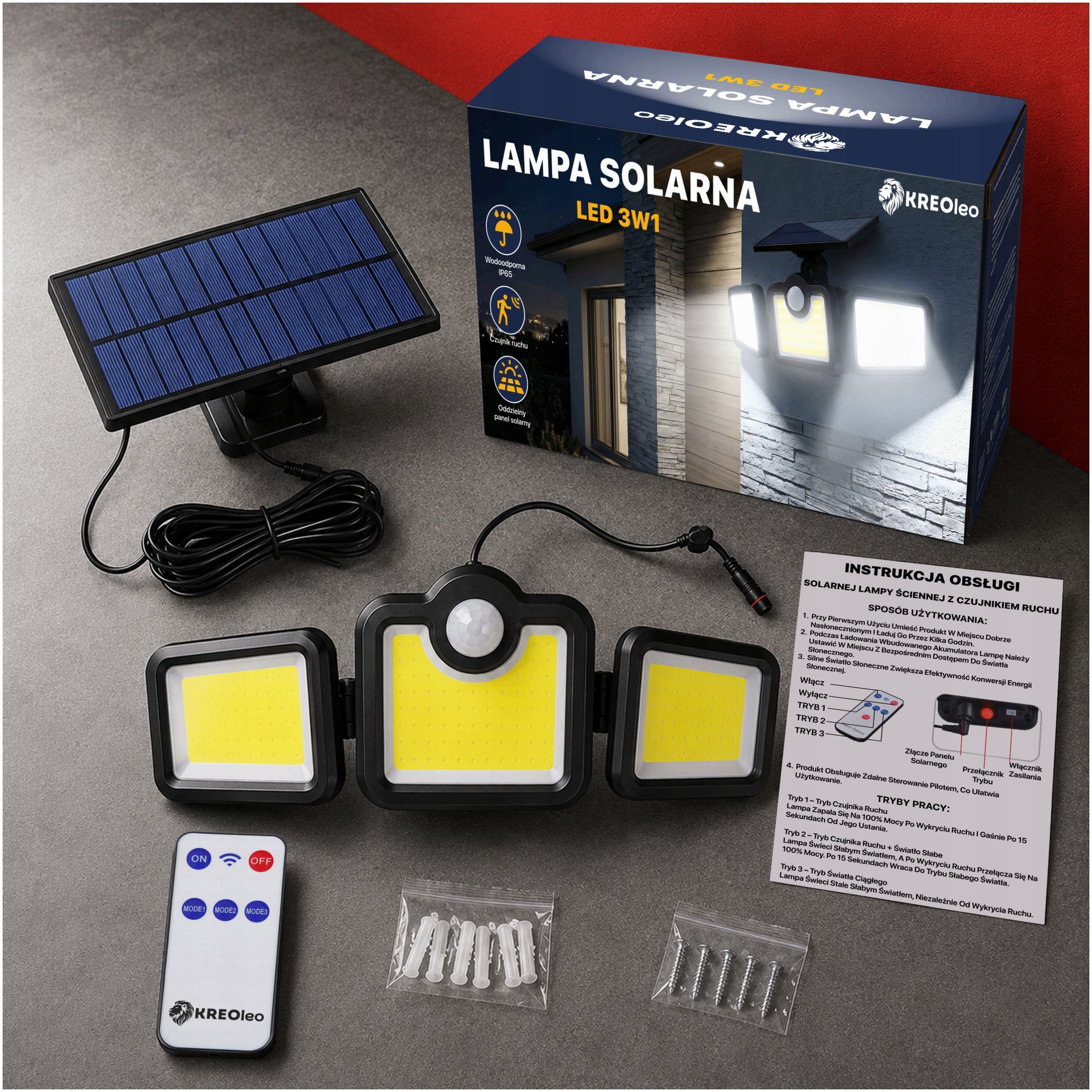 SOLAR LED LAMP 3in1 WITH TWILIGHT MOTION SENSOR COB REMOTE CONTROL SEPARATE PANEL Packaging status original
