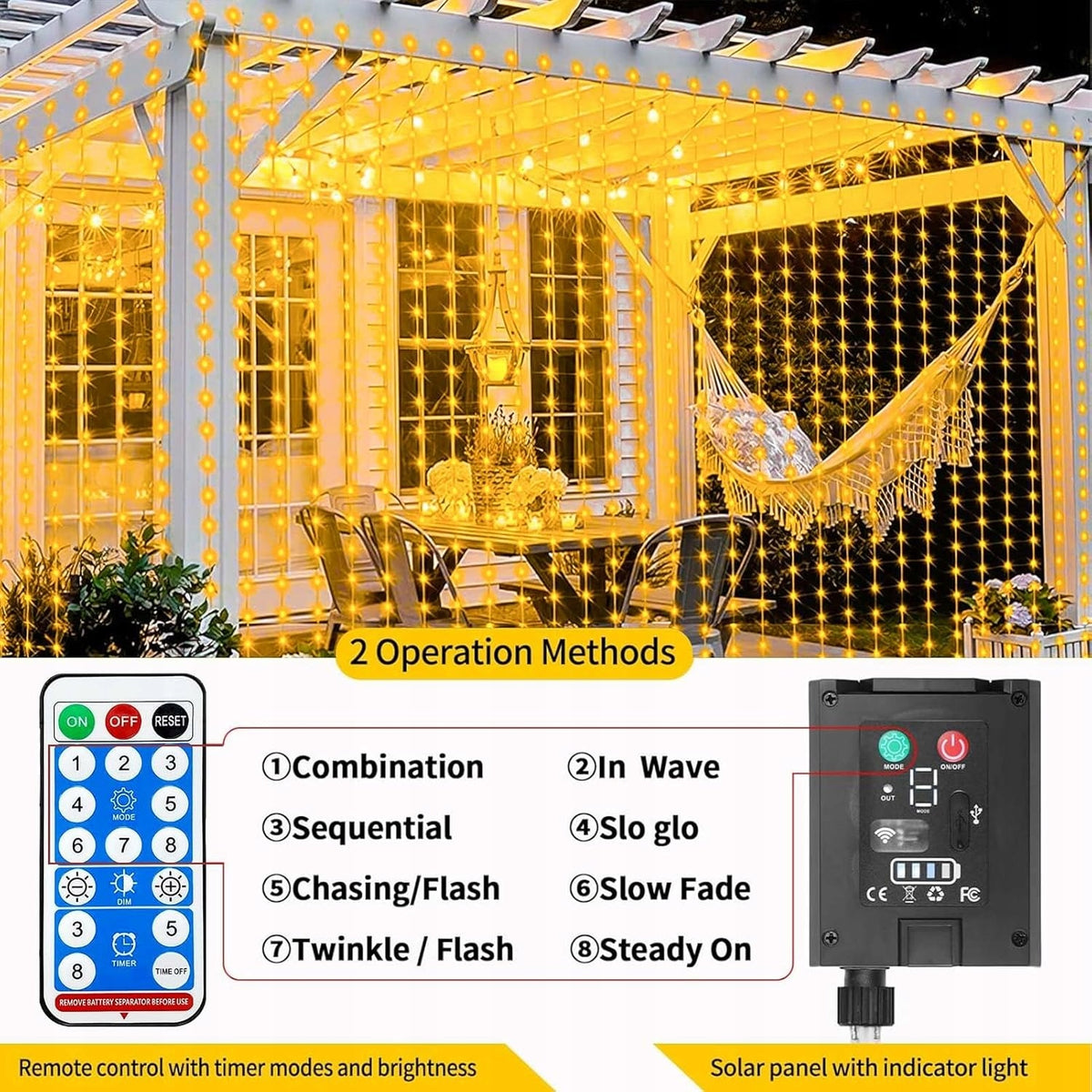 SOLAR LED LIGHT CURTAIN 3X3M 300 LEDS WITH REMOTE CONTROL 8 WATERPROOF MODES Brand no brand