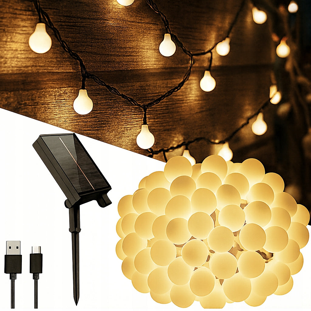 SOLAR LIGHTS USB GARDEN GARLAND SOLAR 50 LED BALLS WHITE WARM 7M