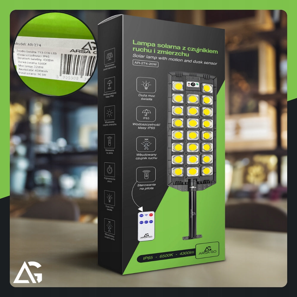 SOLAR OUTDOOR LED STREET LAMP WITH MOTION AND DUSK SENSOR 2200W Manufacturer code OGRODOWA LATARNIA MOCNA DUŻA DO OGRODU UCHWYT
