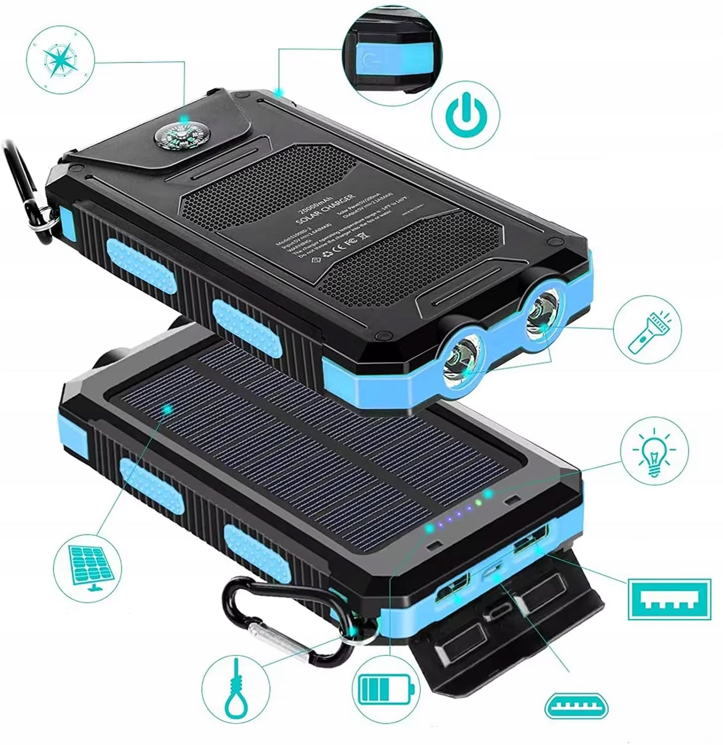SOLAR POWER BANK 10000MAH 2X USB FOR CAMPING WATERPROOF FLASHLIGHT COMPASS Manufacturer code 4069443193638