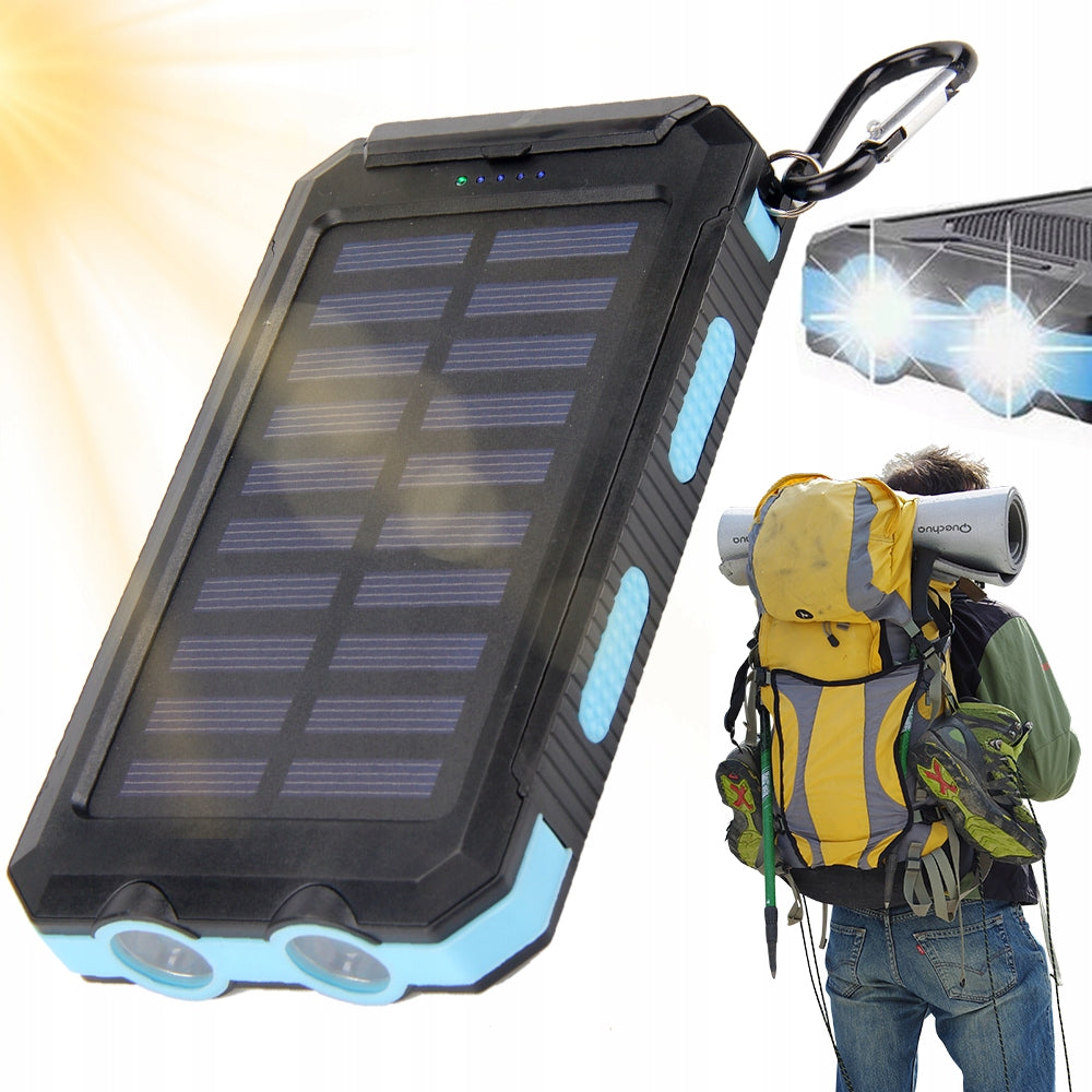 SOLAR POWER BANK 10000MAH 2X USB FOR CAMPING WATERPROOF FLASHLIGHT COMPASS
