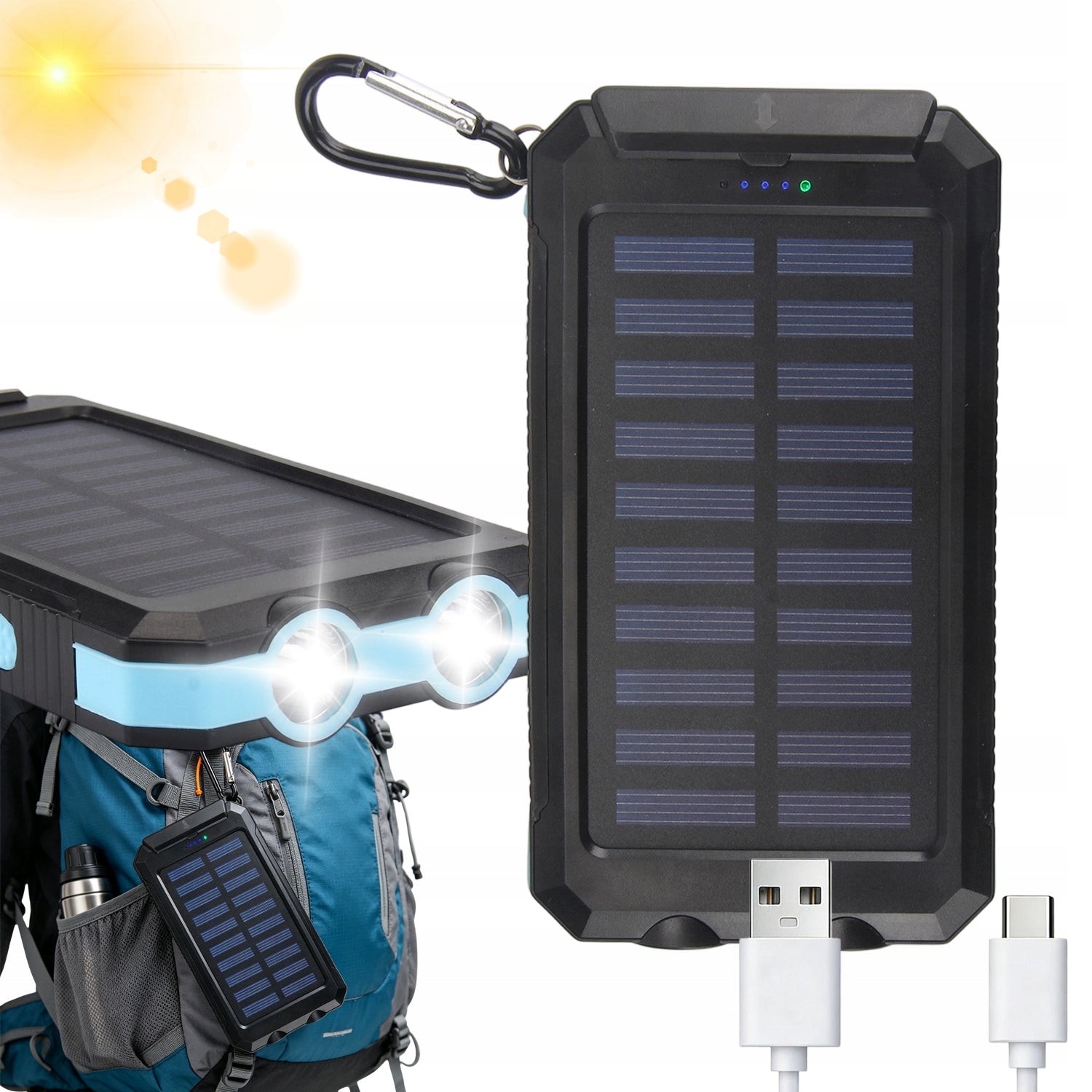 SOLAR POWER BANK 10000MAH BUILT-IN COMPASS WATERPROOF 2X USB