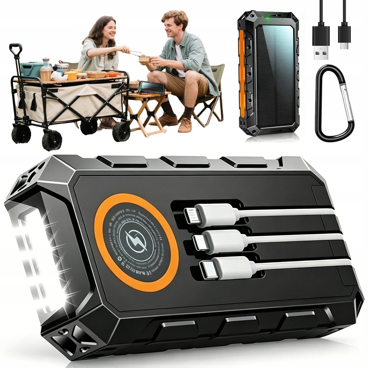 SOLAR POWER BANK 20000MAH 7 OUTPUTS LED FLASHLIGHT CAMPING TOURISM BLACK