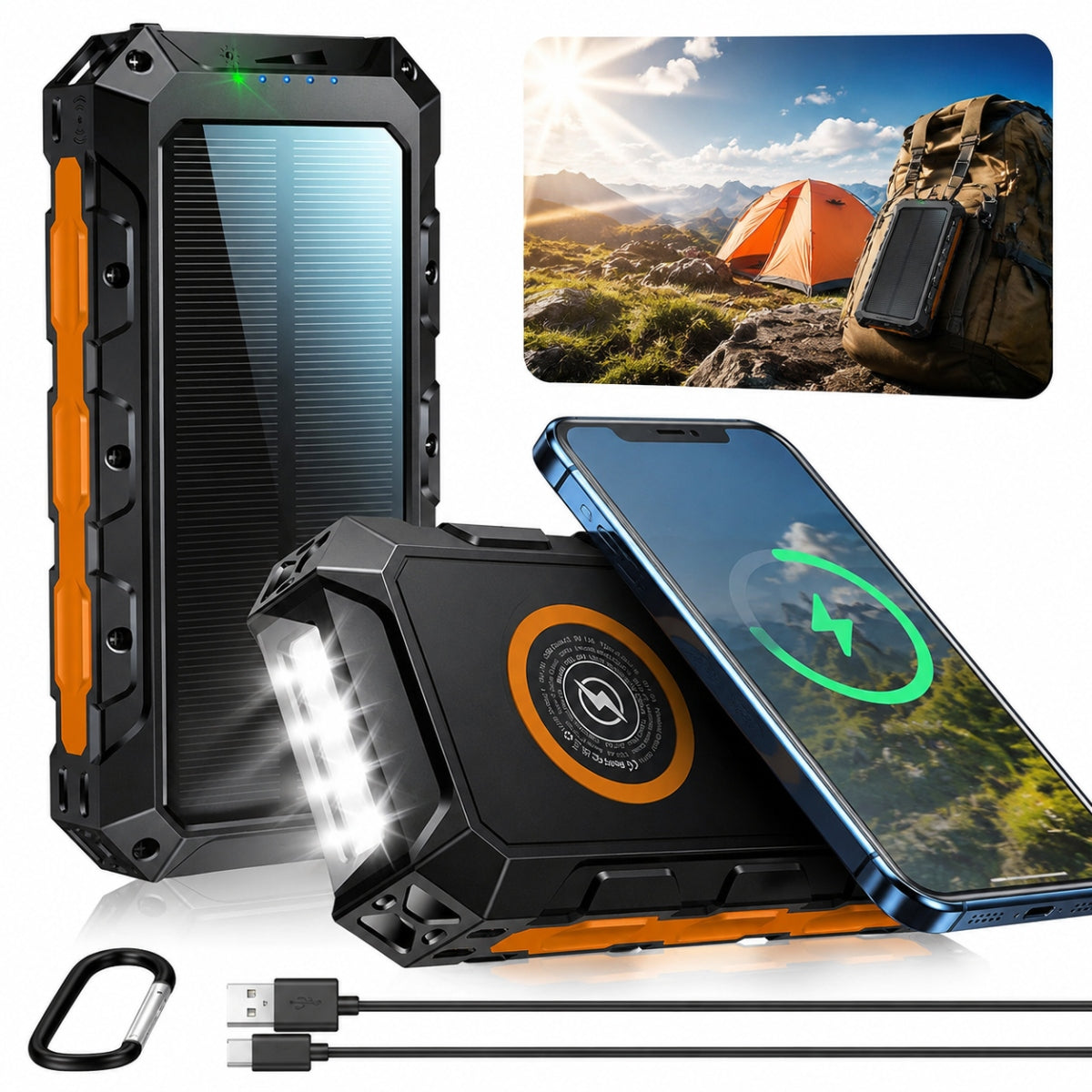 SOLAR POWER BANK 52800MAH , WIRELESS CHARGING WITH FLASHLIGHT TYPE-C