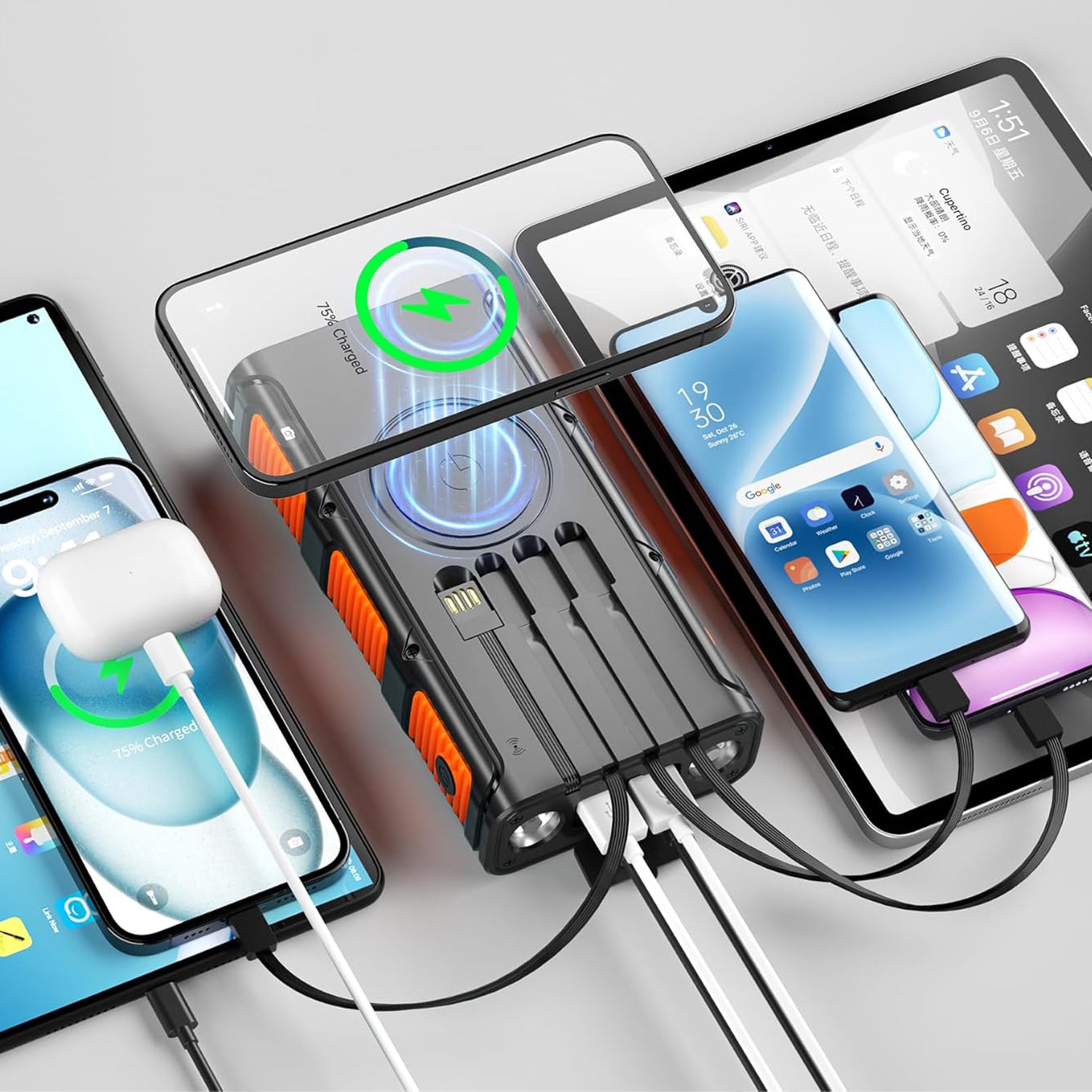 SOLAR POWER BANK WITH COMPASS, BUILT-IN CABLES CHARGING INDUCTION FLASHLIGHT Battery capacity 20000 mAh