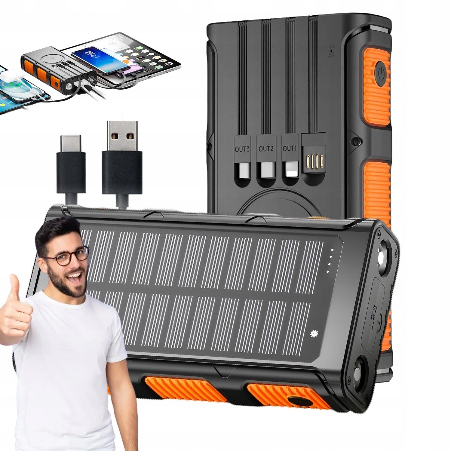 SOLAR POWER BANK WITH COMPASS, BUILT-IN CABLES CHARGING INDUCTION FLASHLIGHT
