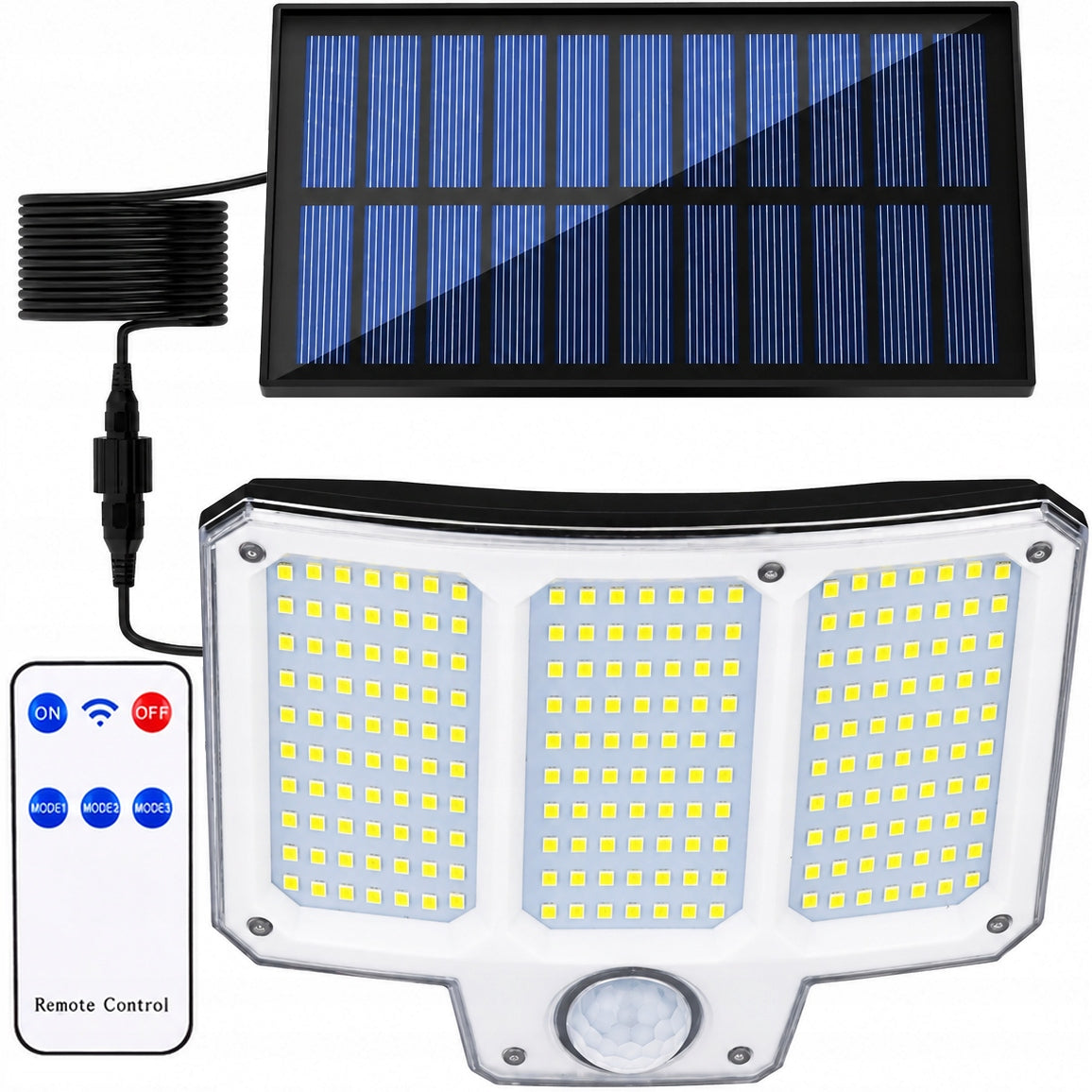 SOLAR WALL LAMP 210 LED MOTION SENSOR SEPARATE SOLAR PANEL 5m REMOTE CONTROL