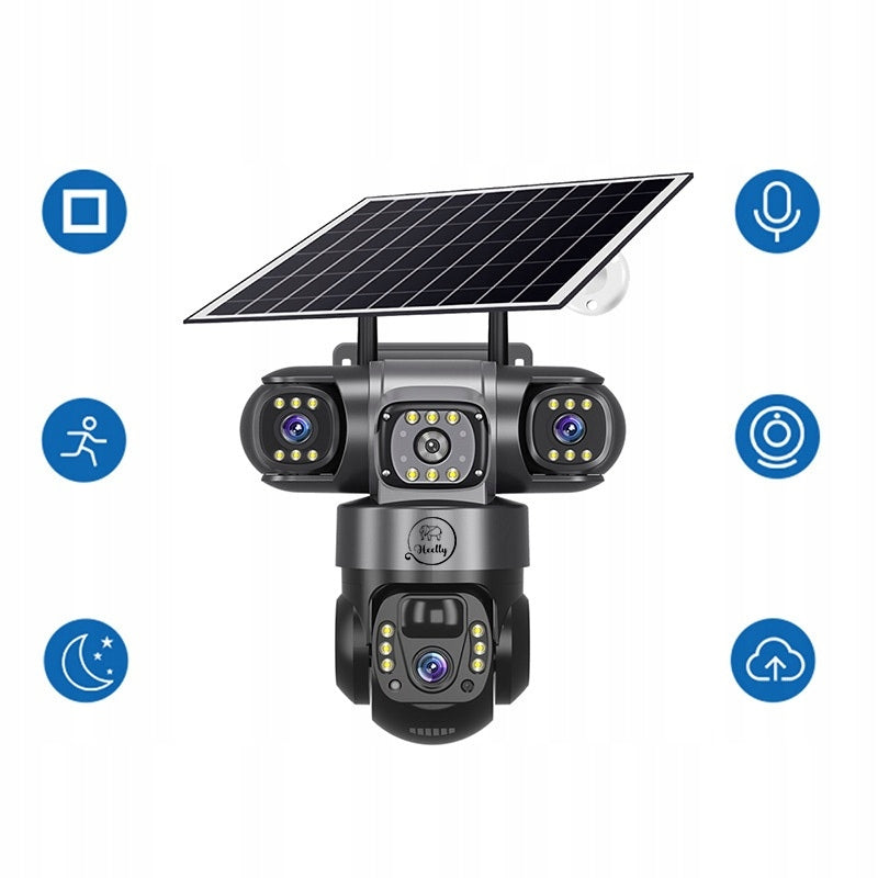 SOLAR WIFI CAMERA OUTDOOR THREE HD LENSES 3X3MP ROTATING HEELLY Batteries included yes
