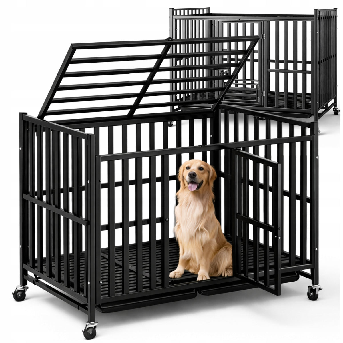 SOLID CAGE FOR DOG CAT PLAYPEN TRANSPORTER ON WHEELS 78x54x70 cm Black