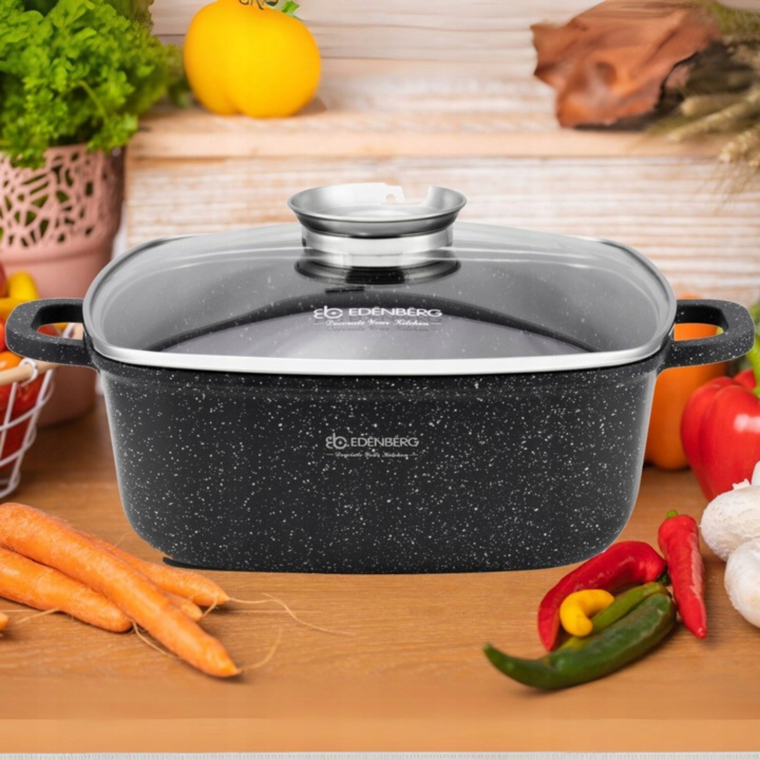SOLID SQUARE MARBLE Pot 28cm + PAWS 2x GAS INDUCTION OVEN Manufacturer code GARNEK KWADRATOWY Z POKRYWĄ MARMURKOWY 6.5L