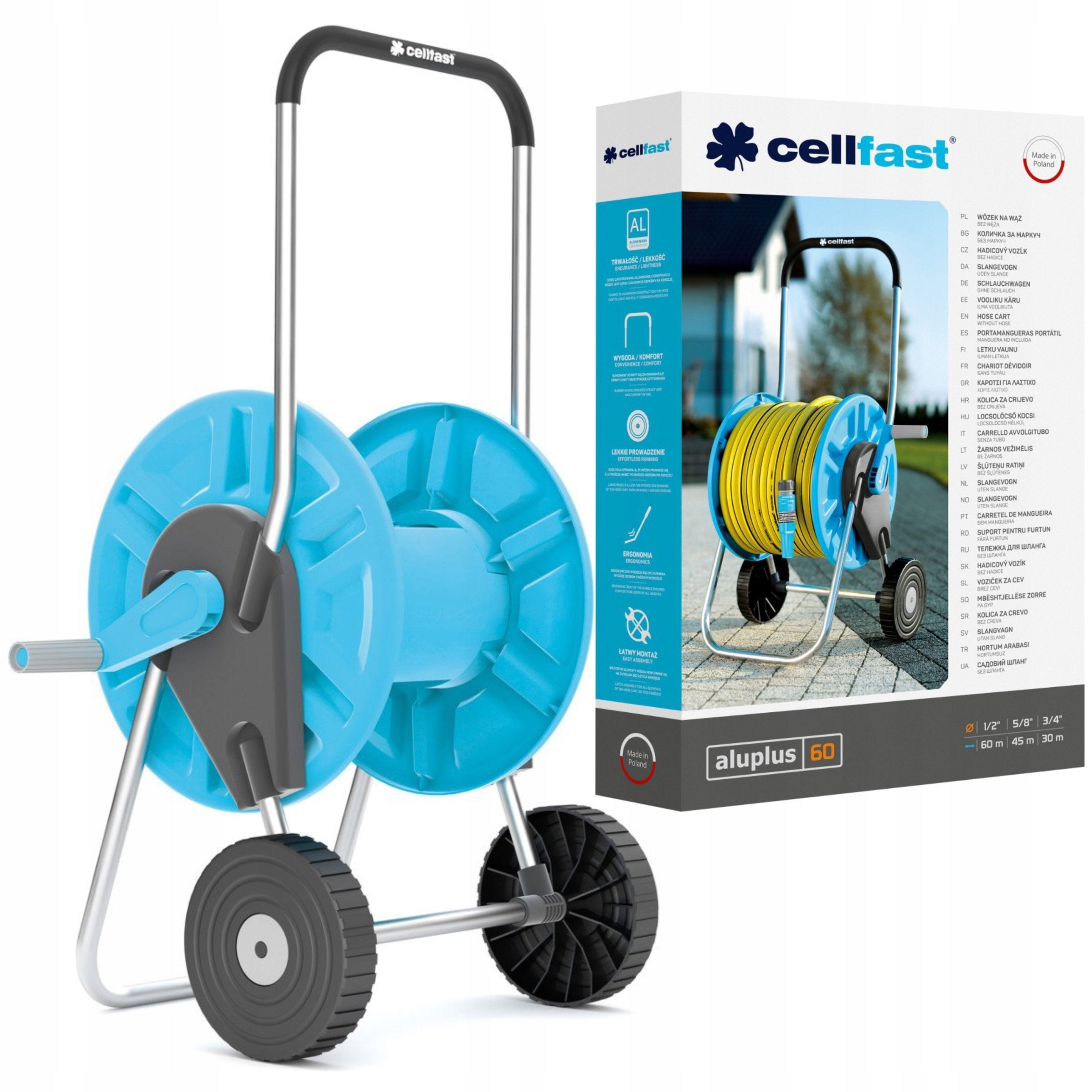 SOLID STAND RETRACTOR DRUM TROLLEY GARDEN HOSE ALUPLUS 1/2" 60M