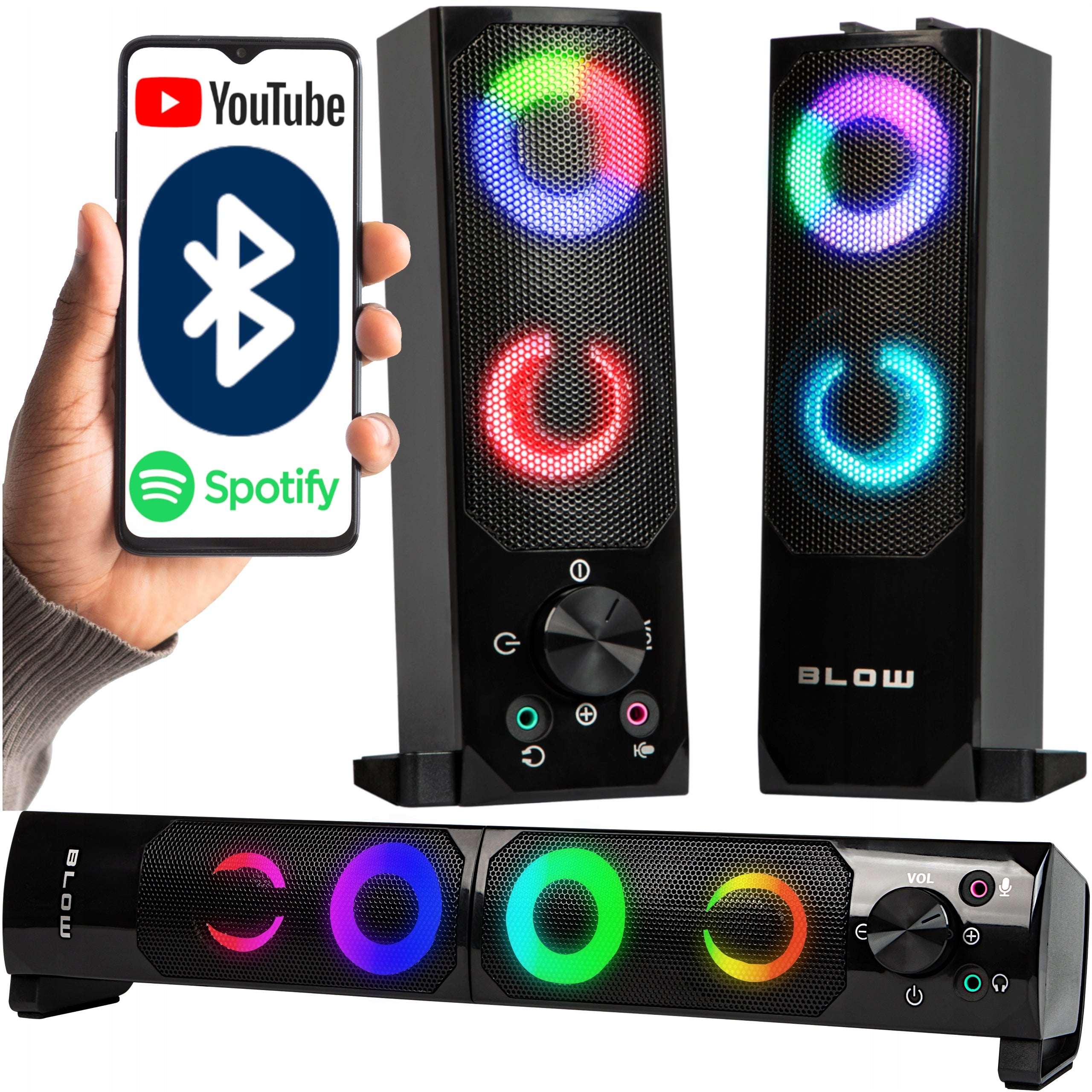 SOUNDBAR 2.0 6W COMPUTER SPEAKERS BLUETOOTH USB 5V DC LED RGB 2in1 SET