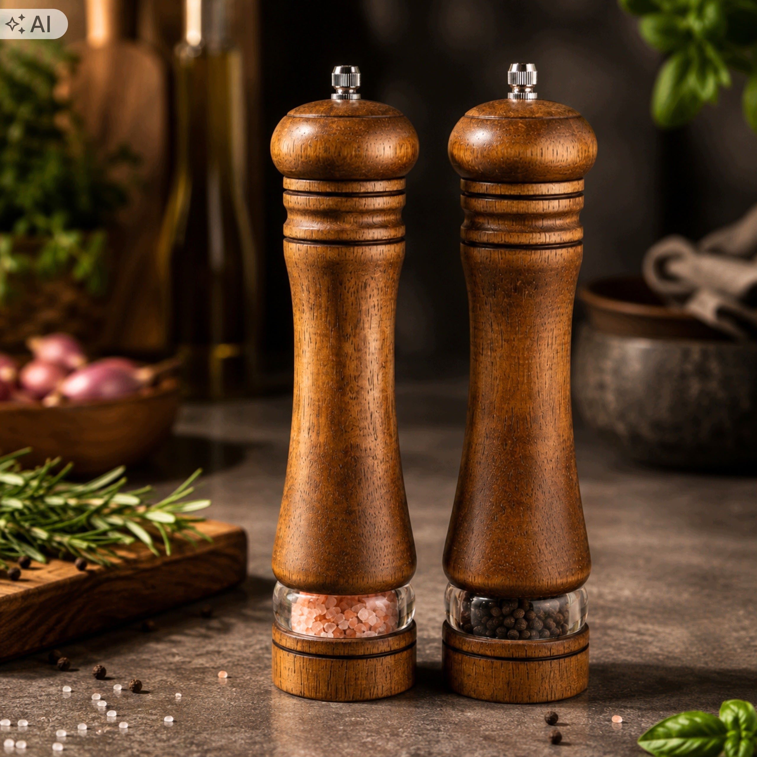 SPICE PEPPER SALT GRINDER HANDHELD SET OF 2 WOODEN KITCHEN GRINDERS Packaging status original