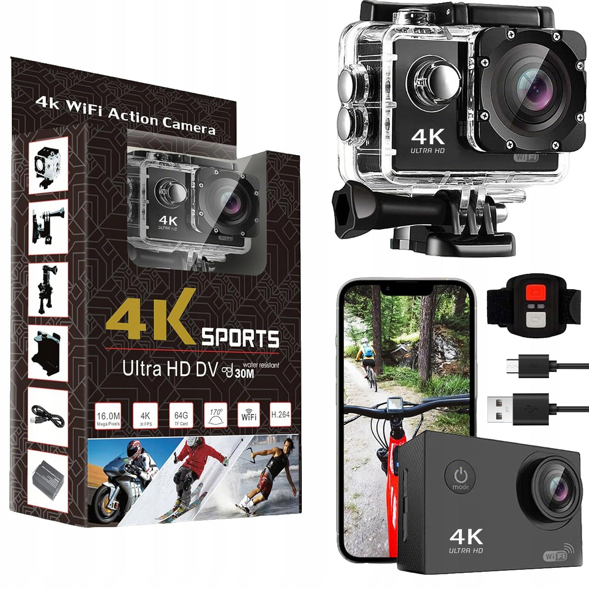 SPORTS CAMERA 4K 1080P FULL HD 20MP WiFi + HANDLES AKCESORIA WATERPROOF Packaging status original