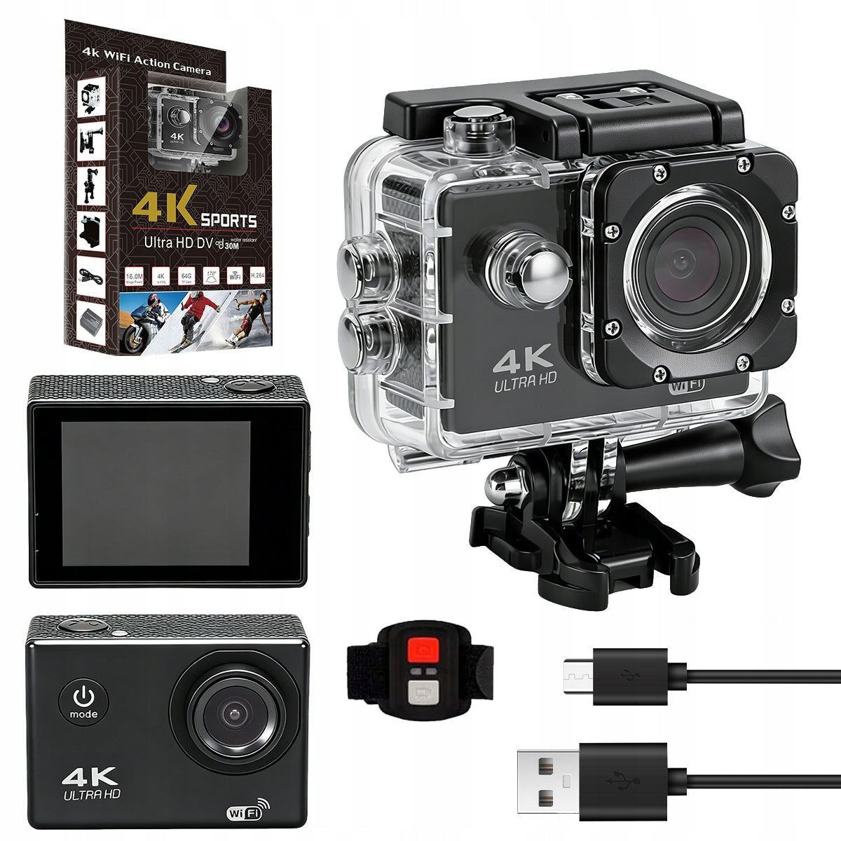 SPORTS CAMERA 4K 1080P FULL HD 20MP WiFi + HANDLES AKCESORIA WATERPROOF Resolution 20 Mpx