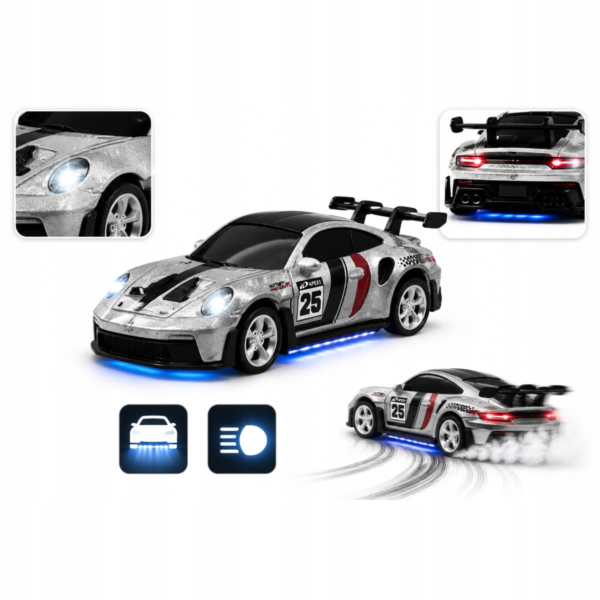 SPORTS CAR REMOTE CONTROLLED MINI RC METAL CAR 1:64 SILVER Kind driving