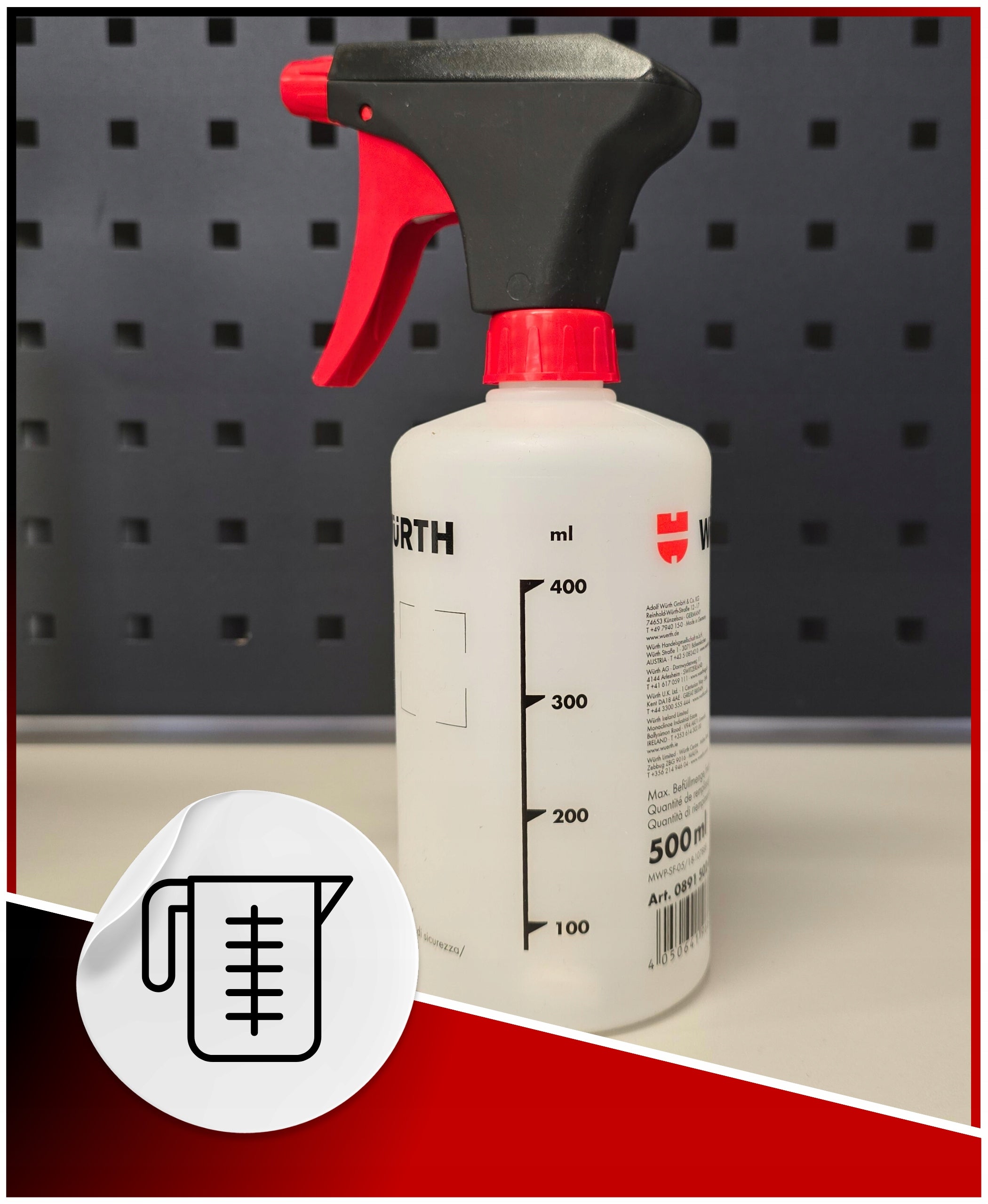 SPRAY BOTTLE WITH ATOMIZER SPRAYER ADJUSTABLE GRADUATION WURTH 500ML Manufacturer code Butelka z rozpylaczem ciśnieniowym Atomizer