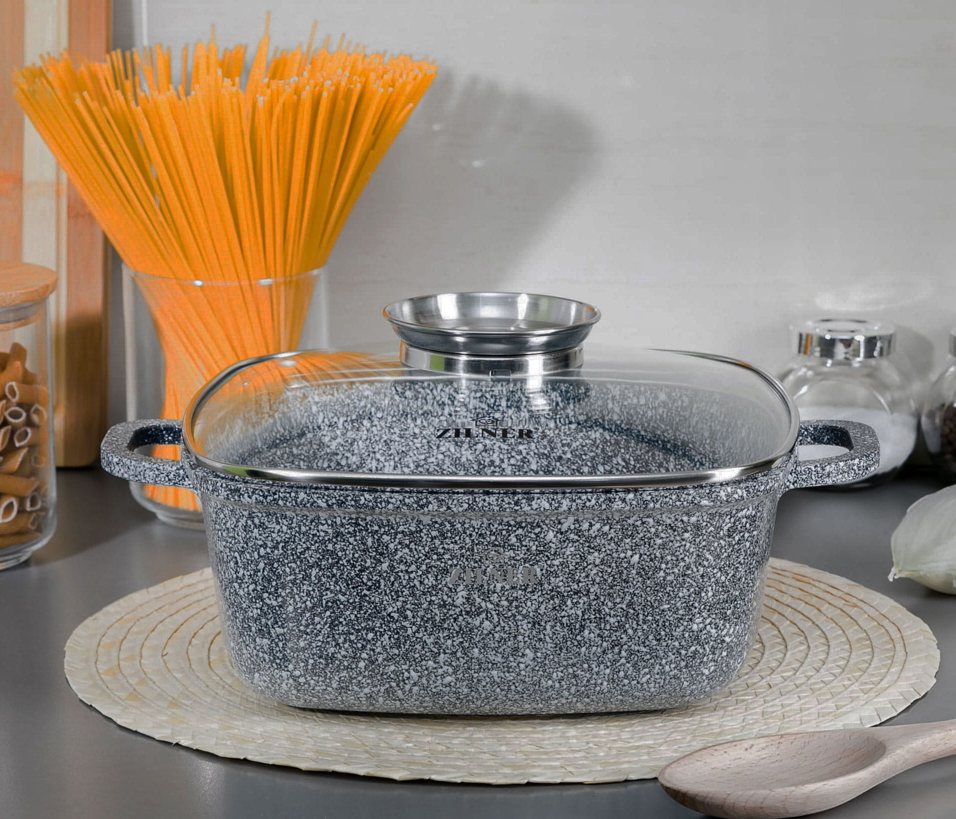 SQUARE POT WITH LID 4.4L 24CM INDUCTION GAS NON STICK GREY LARGE Packaging status original