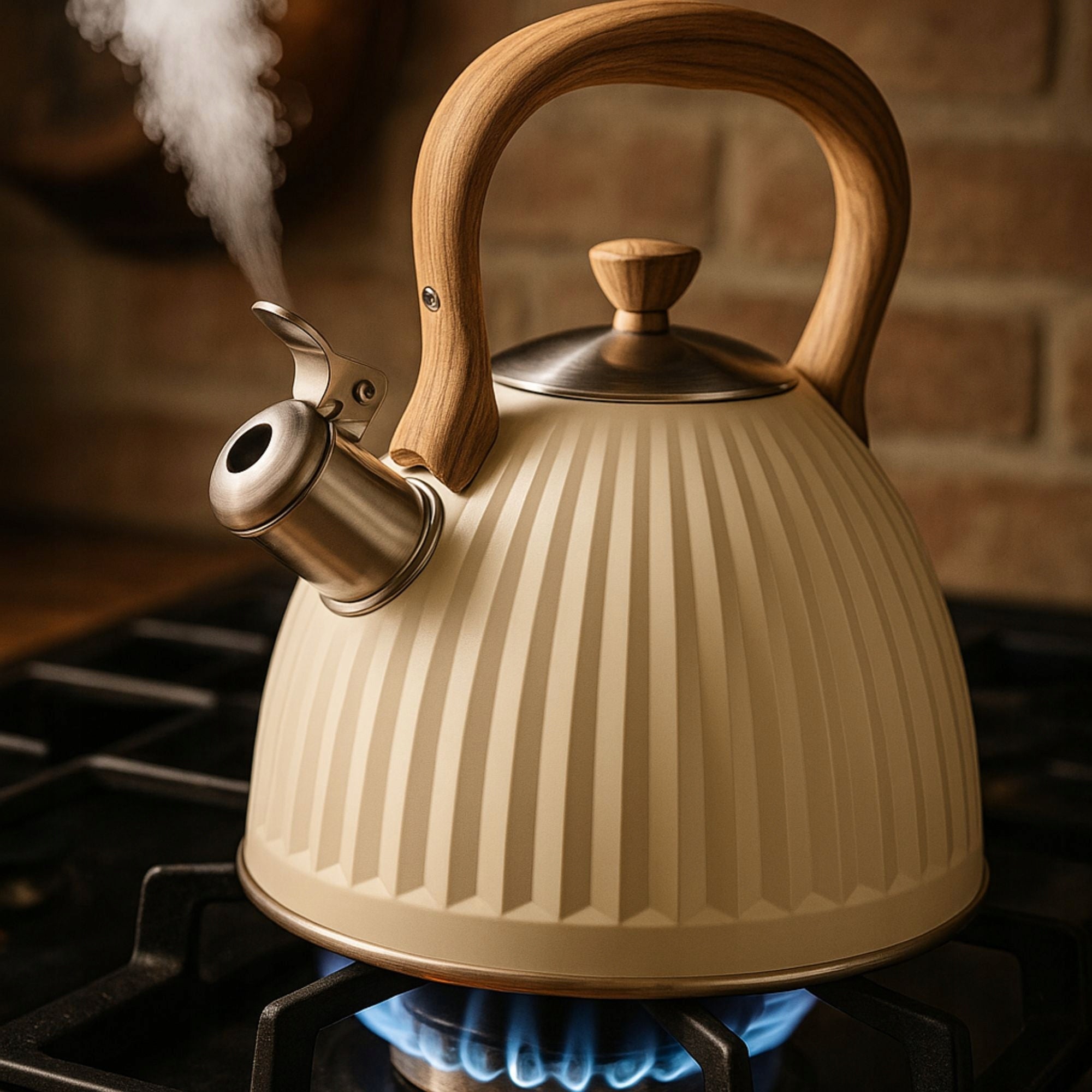 STAINLESS STEEL GROOVED KETTLE TRADITIONAL WITH WHISTLE INDUCTION GAS 2,8L BEIGE Manufacturer code O-089559