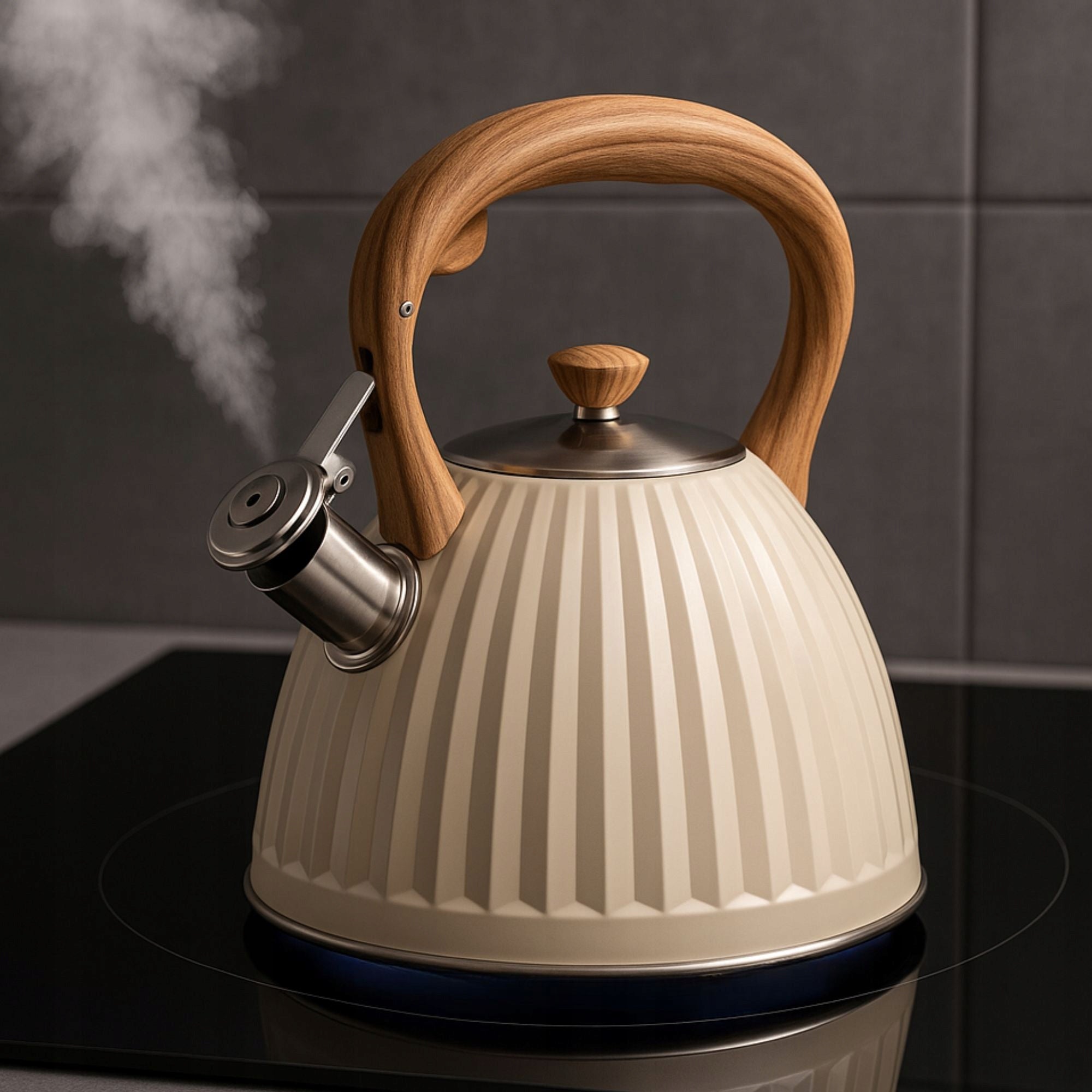 STAINLESS STEEL GROOVED KETTLE TRADITIONAL WITH WHISTLE INDUCTION GAS 2,8L BEIGE Packaging status original