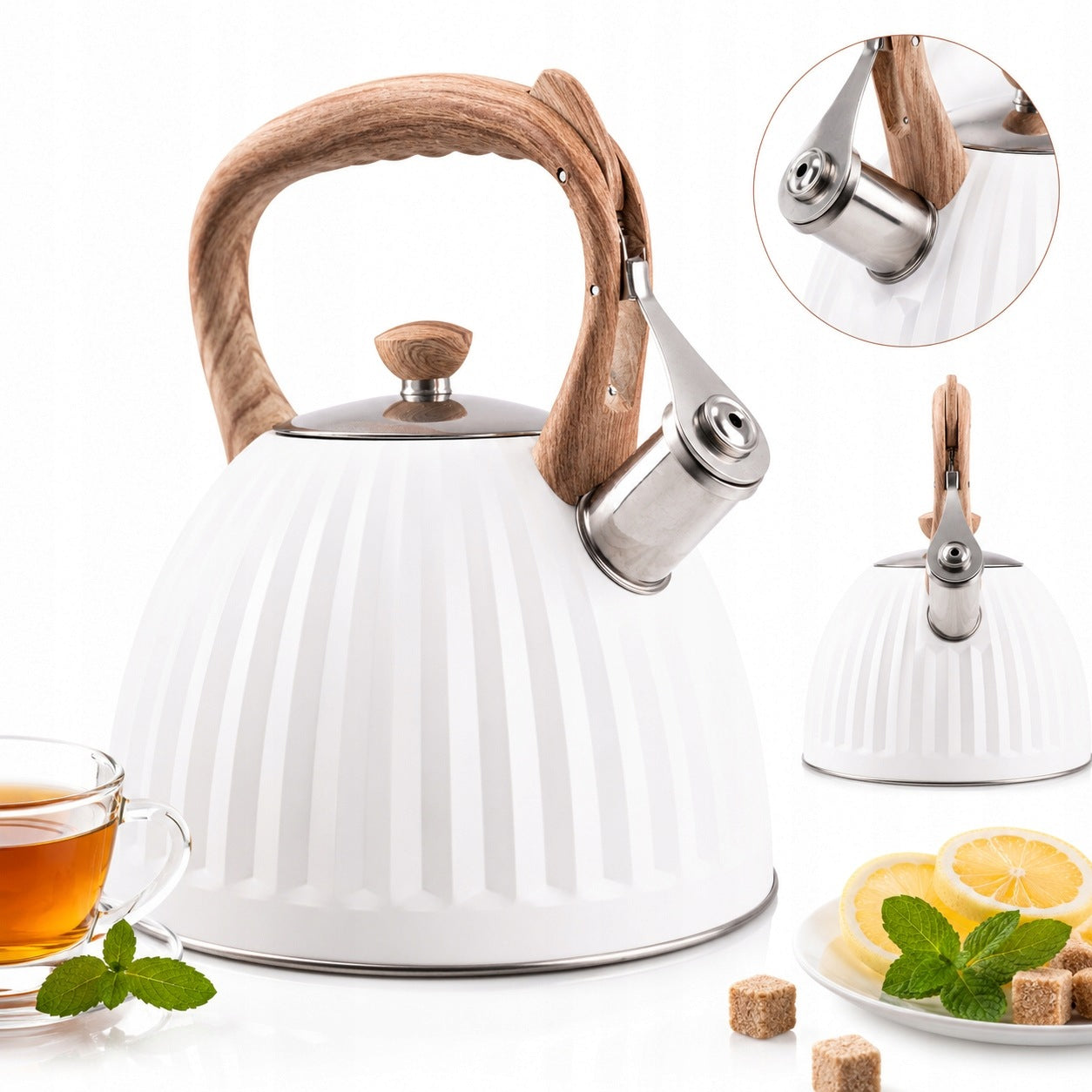 STAINLESS STEEL GROOVED KETTLE TRADITIONAL WITH WHISTLE INDUCTION GAS 2,8L WHITE