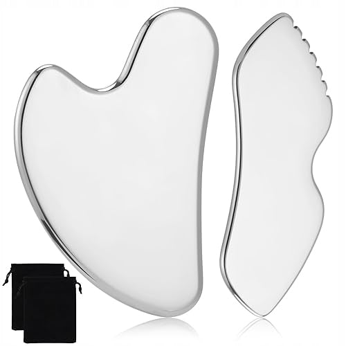 STAINLESS STEEL GUA SHA FACIAL MASSAGER FOR FACE, NECK, EYES - 2 PIECE SET - Metal Steel