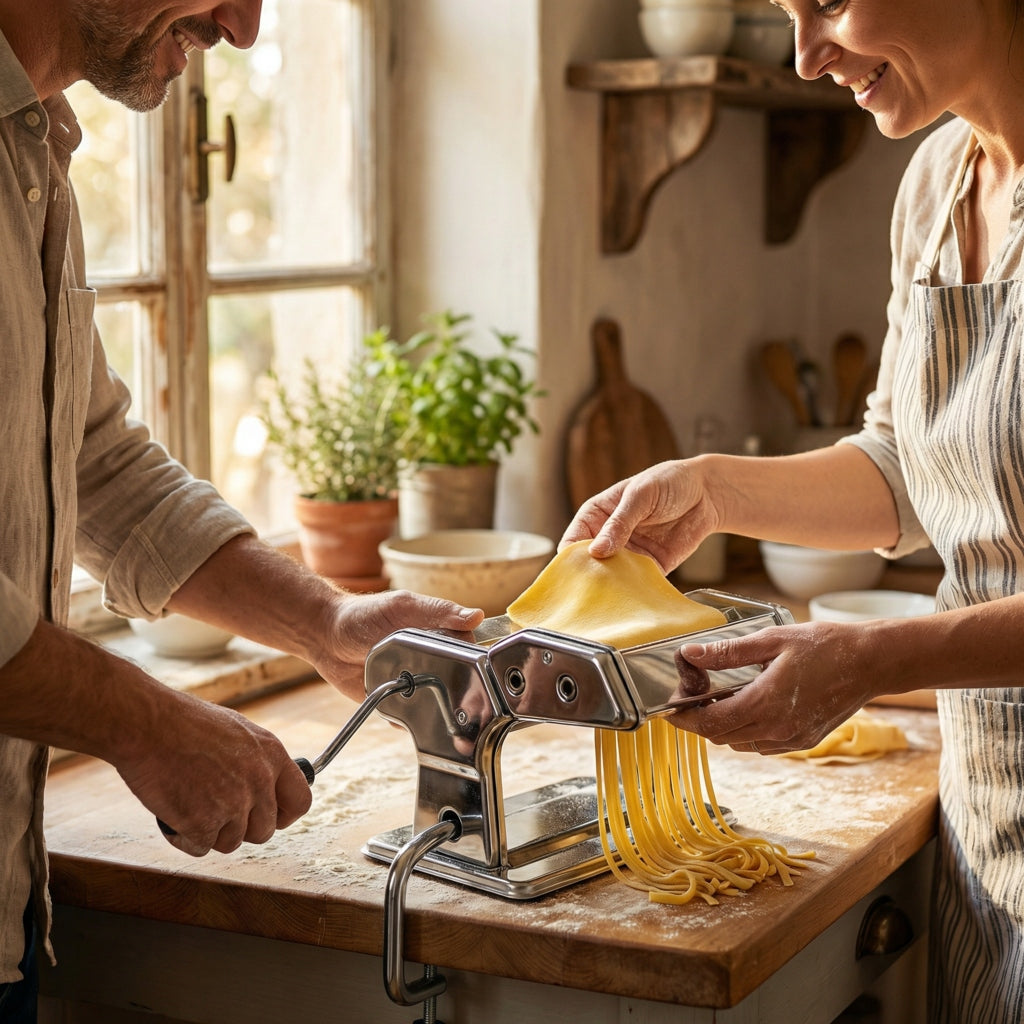 STAINLESS STEEL PASTA MACHINE WITH ROLLER AND KNIFE MONTESSA Functions rolling slicing filling
