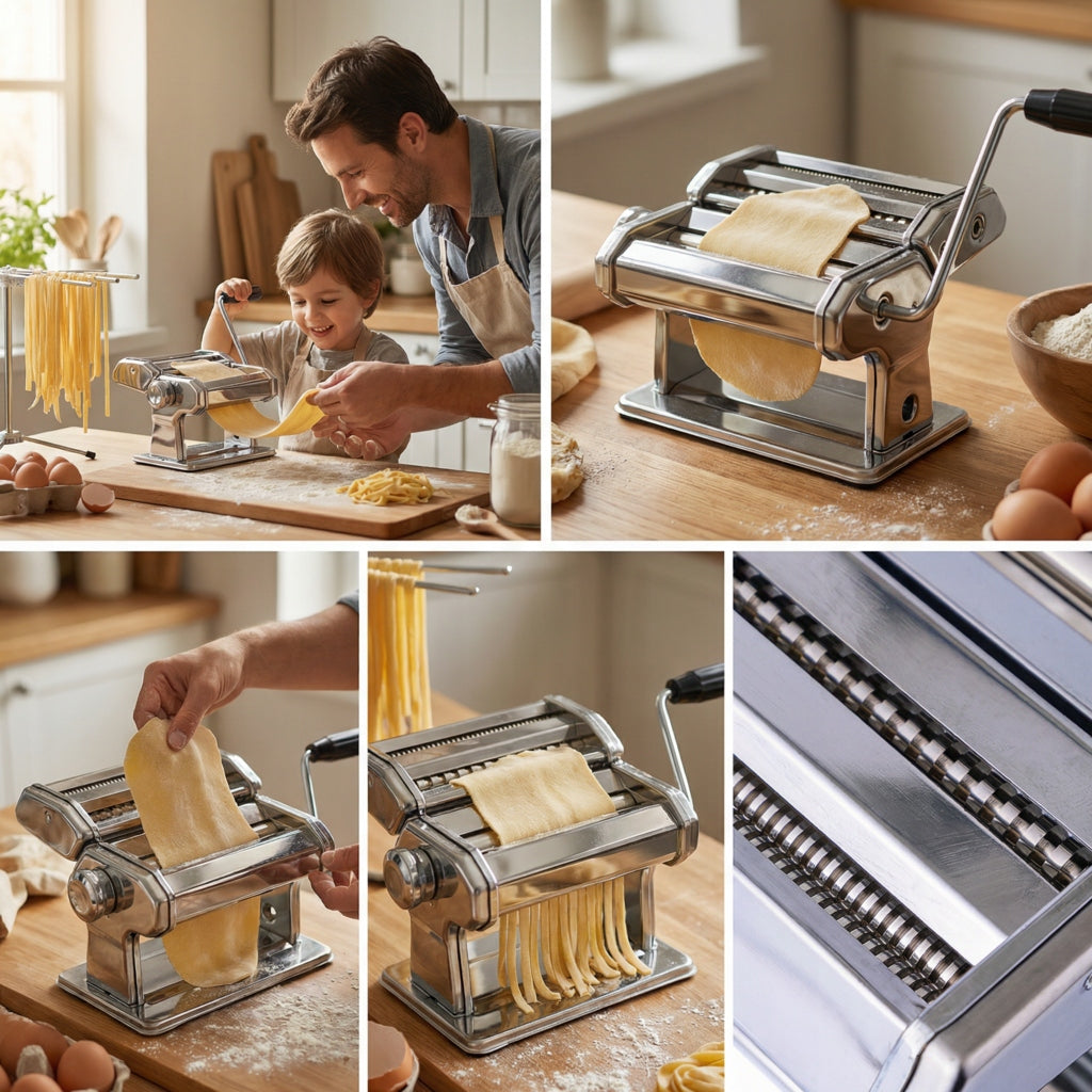 STAINLESS STEEL PASTA MACHINE WITH ROLLER AND KNIFE MONTESSA Kind manual