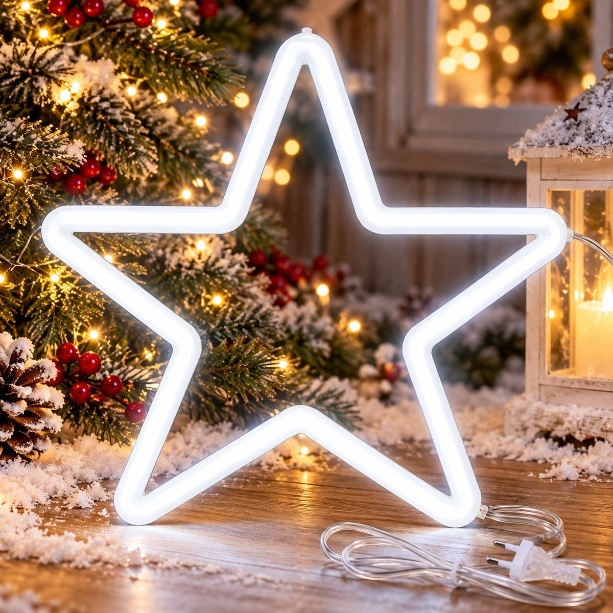 STAR LED WHITE COLD NEON HANGING GARDEN BALCONY FENCE DECORATION Manufacturer code Wisząca ozdoba Gwiazda Neon Biała Zimna Led