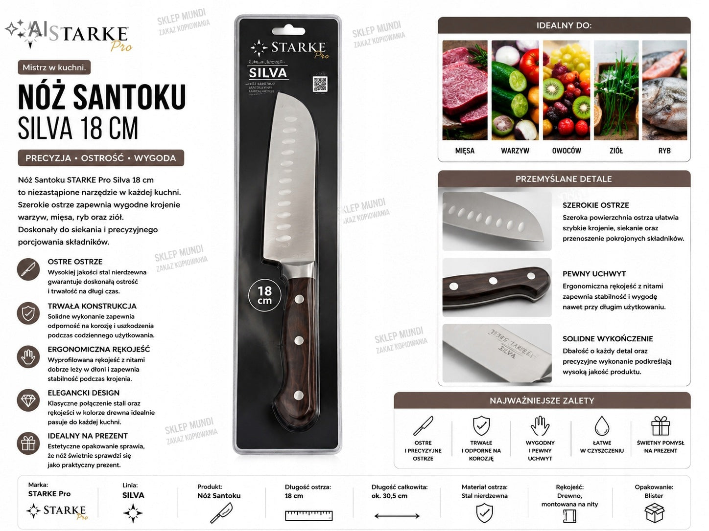 STARKE PRO SILVA 18 CM SANTOKU KNIFE – STAINLESS STEEL