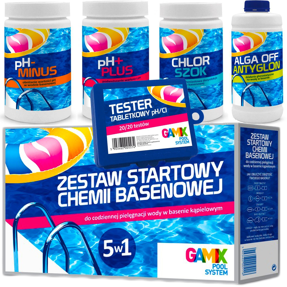 STARTER KIT 5IN1 POOL CHEMICALS CHLORINE SHOCK ALGAE -PH+ FOR GAMIX Packaging status original