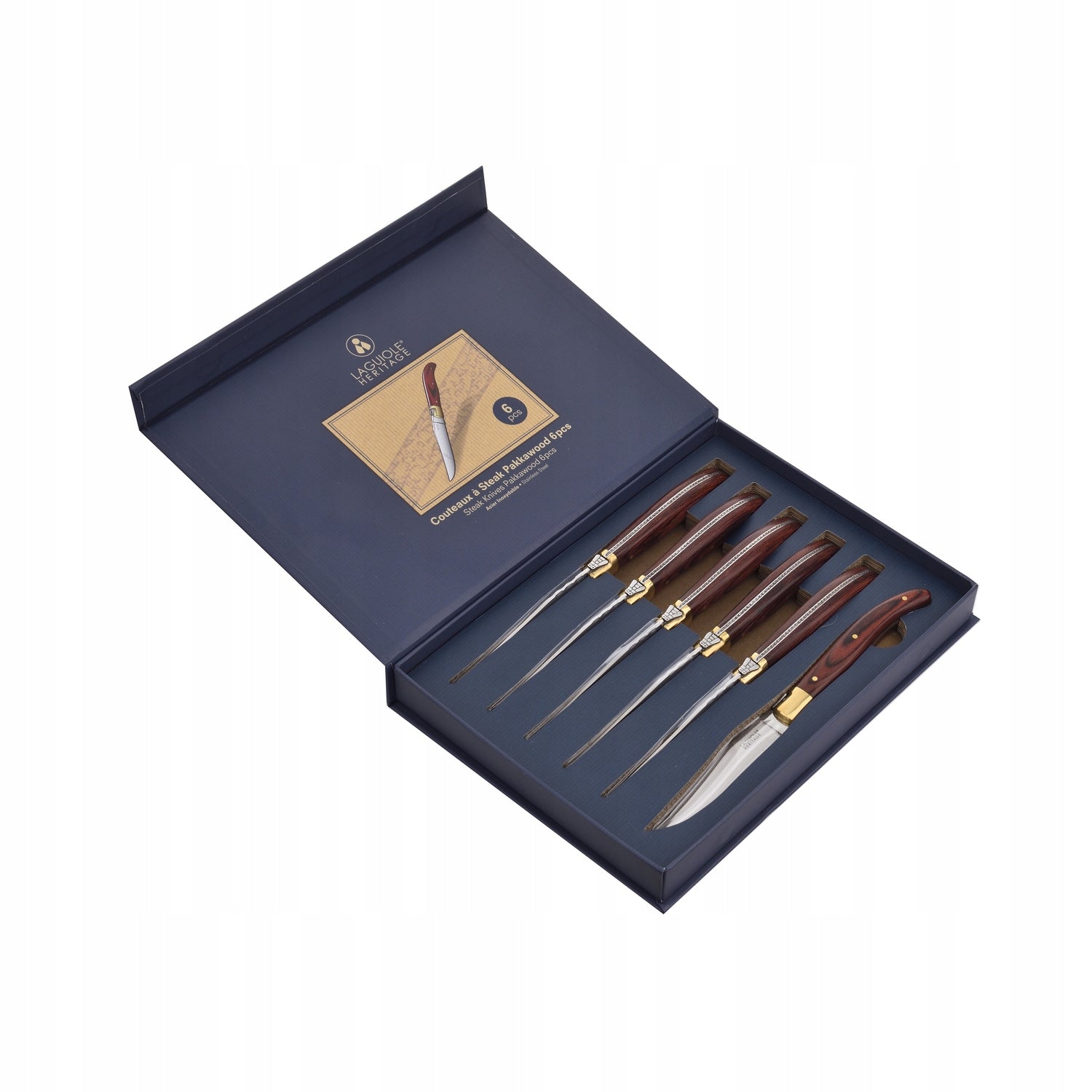 STEAK KNIVES steck Pakka wood LAGUIOLE set of 6 knives gold plated