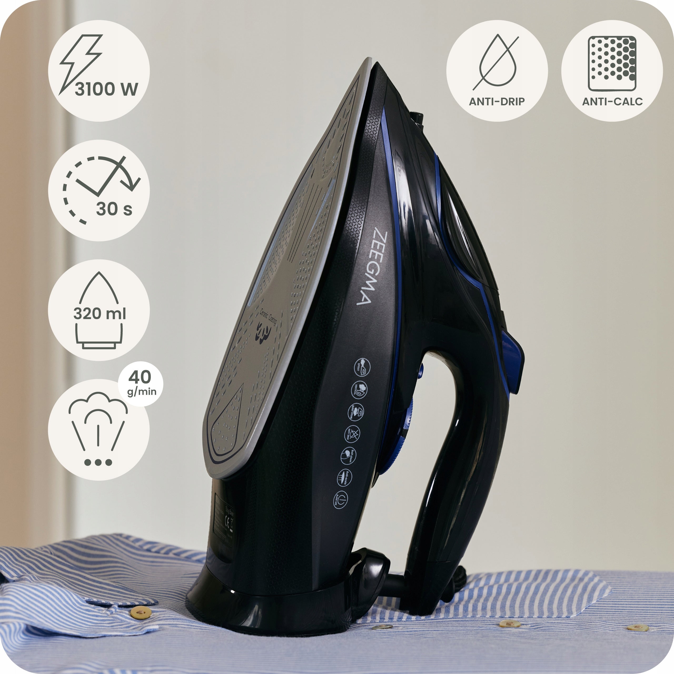 STEAM IRON 3100W HIGH POWER CERAMIC COATING INNOVATION ANTI-DRIP Packaging status original