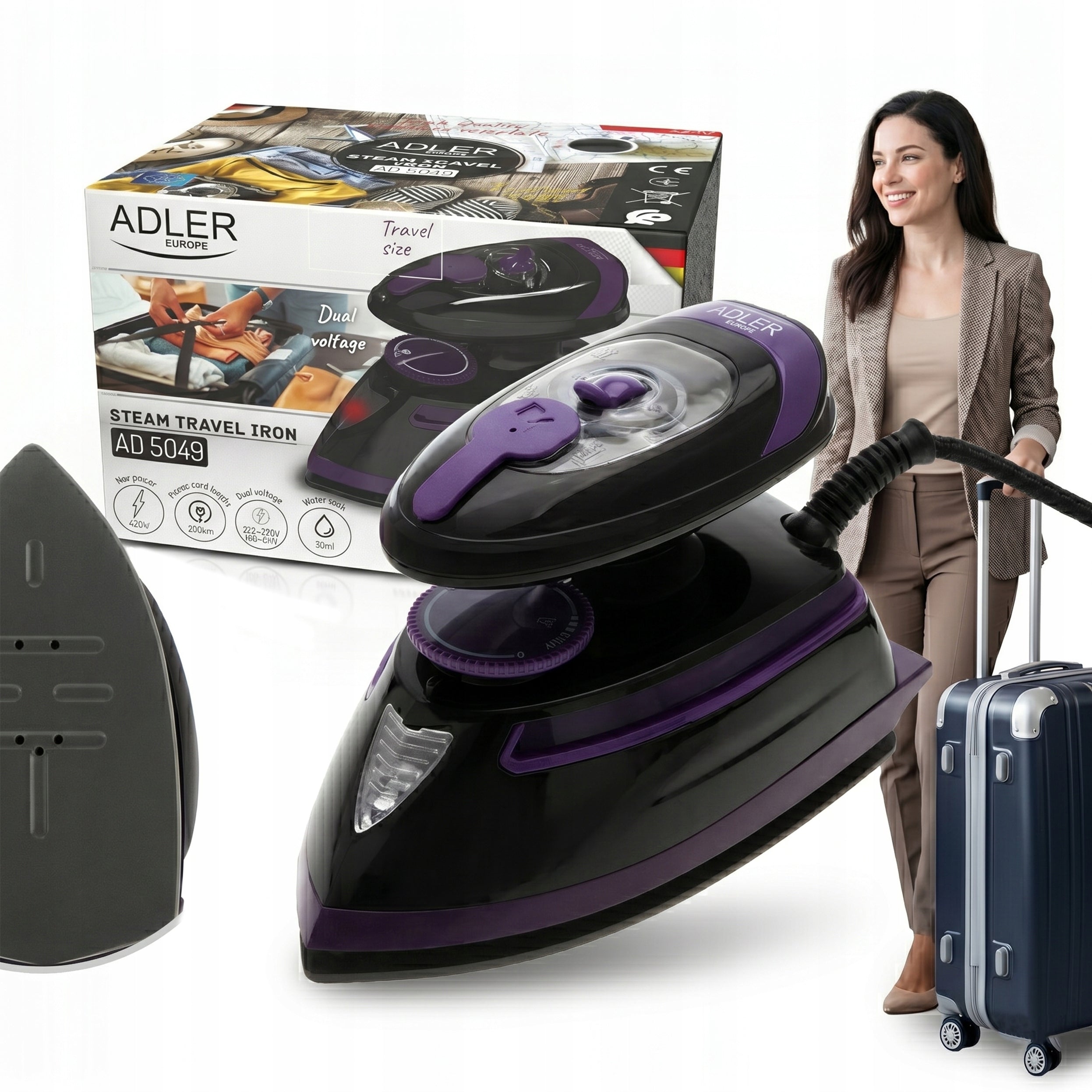 STEAM IRON MINI TOURIST TRAVEL FOOT NON-STICK CERAMIC ADLER