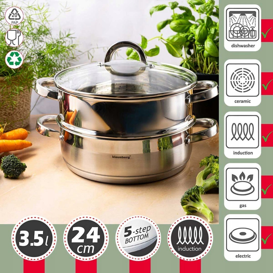 STEAM POT KLAUSBERG 24CM STAINLESS STEEL 3 ELEMENTS KB-9072 Brand Klausberg