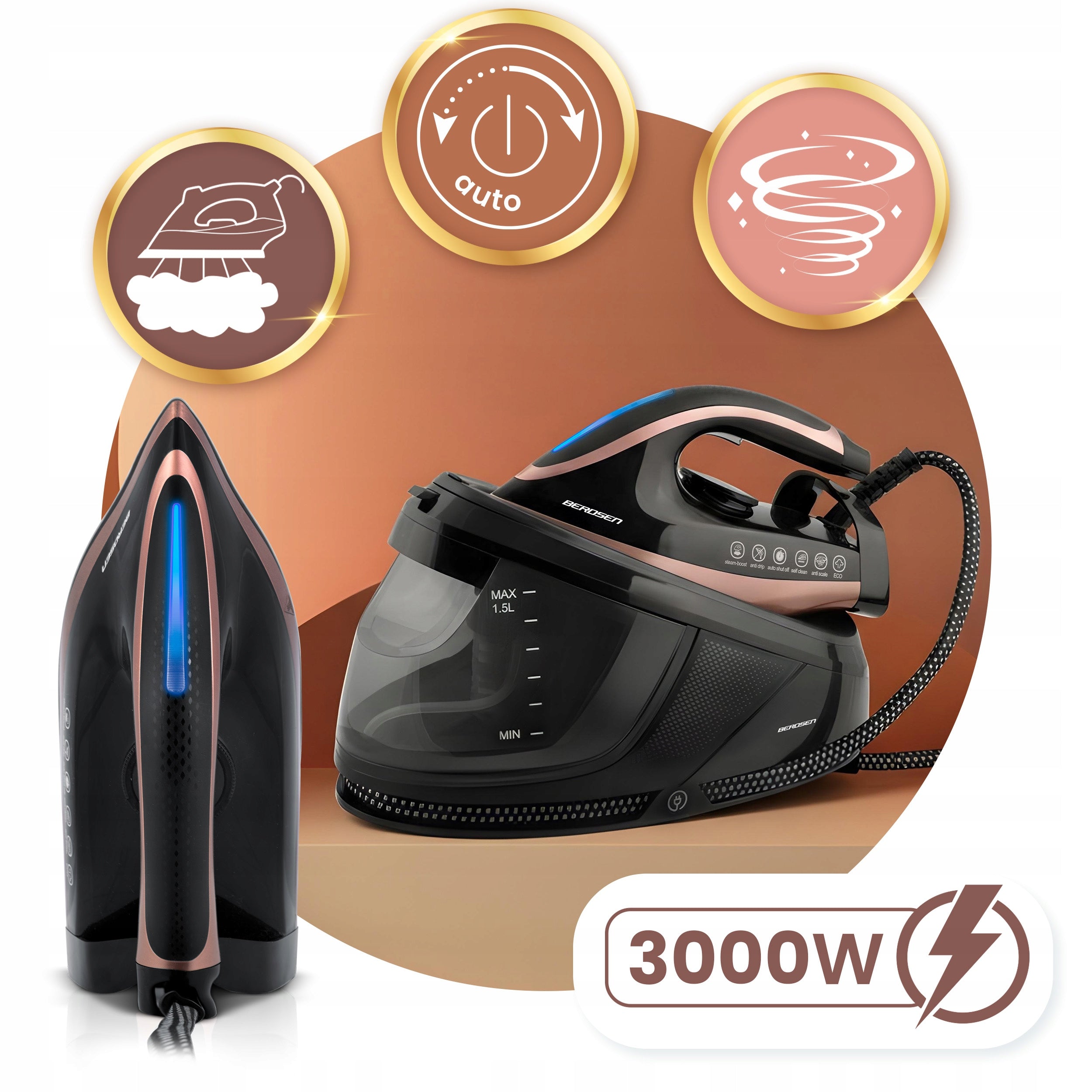STEAM STATION STEAM GENERATOR IRON 3000W STRONG CERAMIC COATING BERDSEN Packaging status original