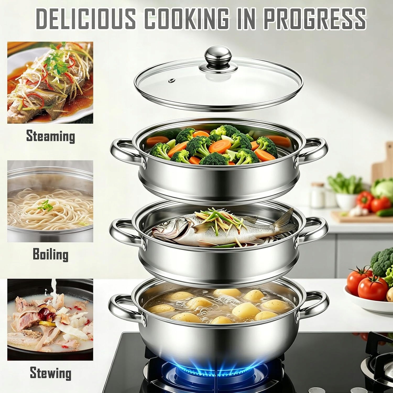 STEAMER 28 CM STEEL 3-STORY INDUCTION GLASS LID Capacity 28 l