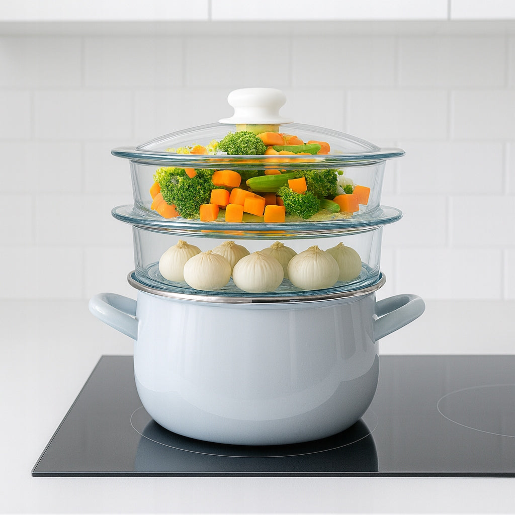STEAMER STEAMING POT 2 Glass Sieves Fat Free Induction Packaging status original